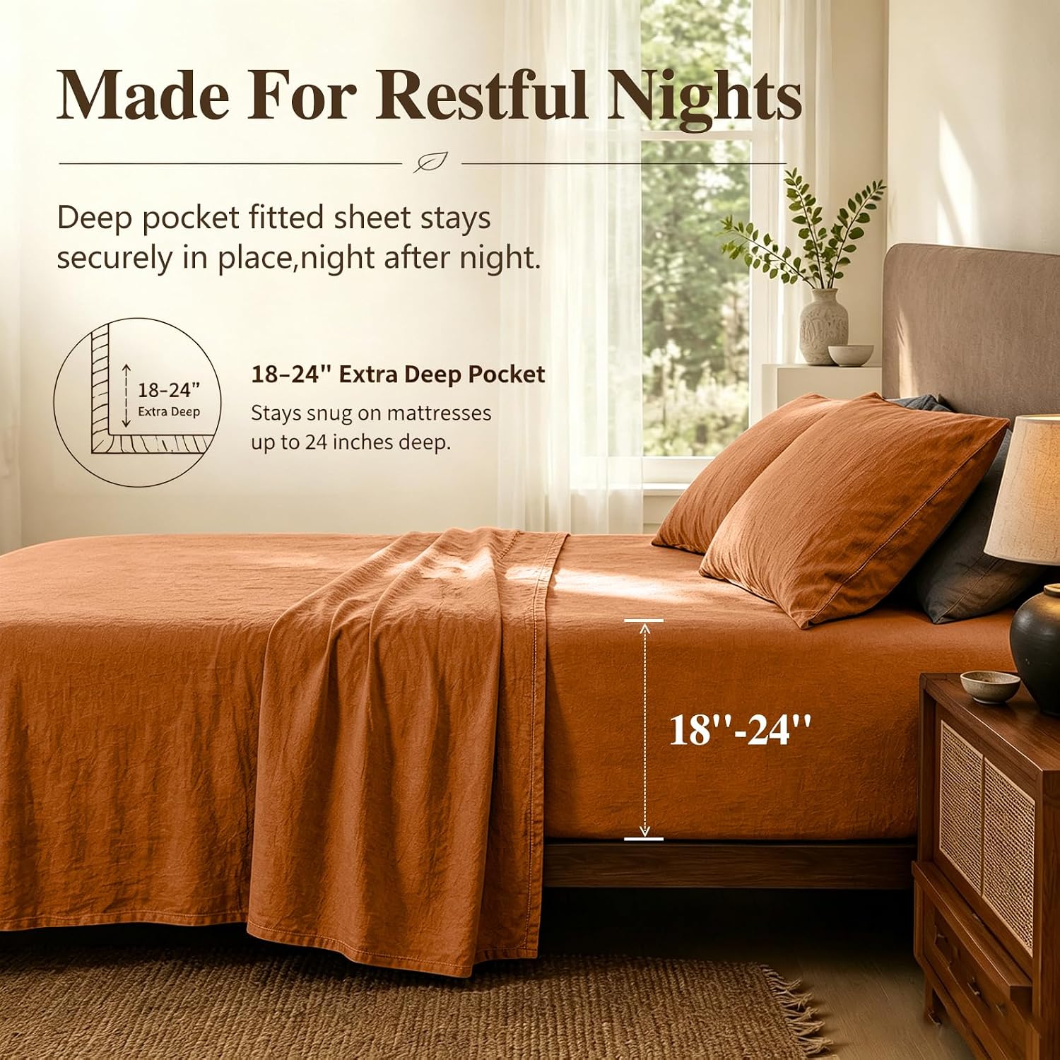 MEISHANG 100% French Linen Sheets California King.4 Pcs.18-24 Deep Pocket | Soft Durable Linen Sheets. Breathable. Anti-Tear. OEKO-TEX Certified. Easy Care Machine Washable
