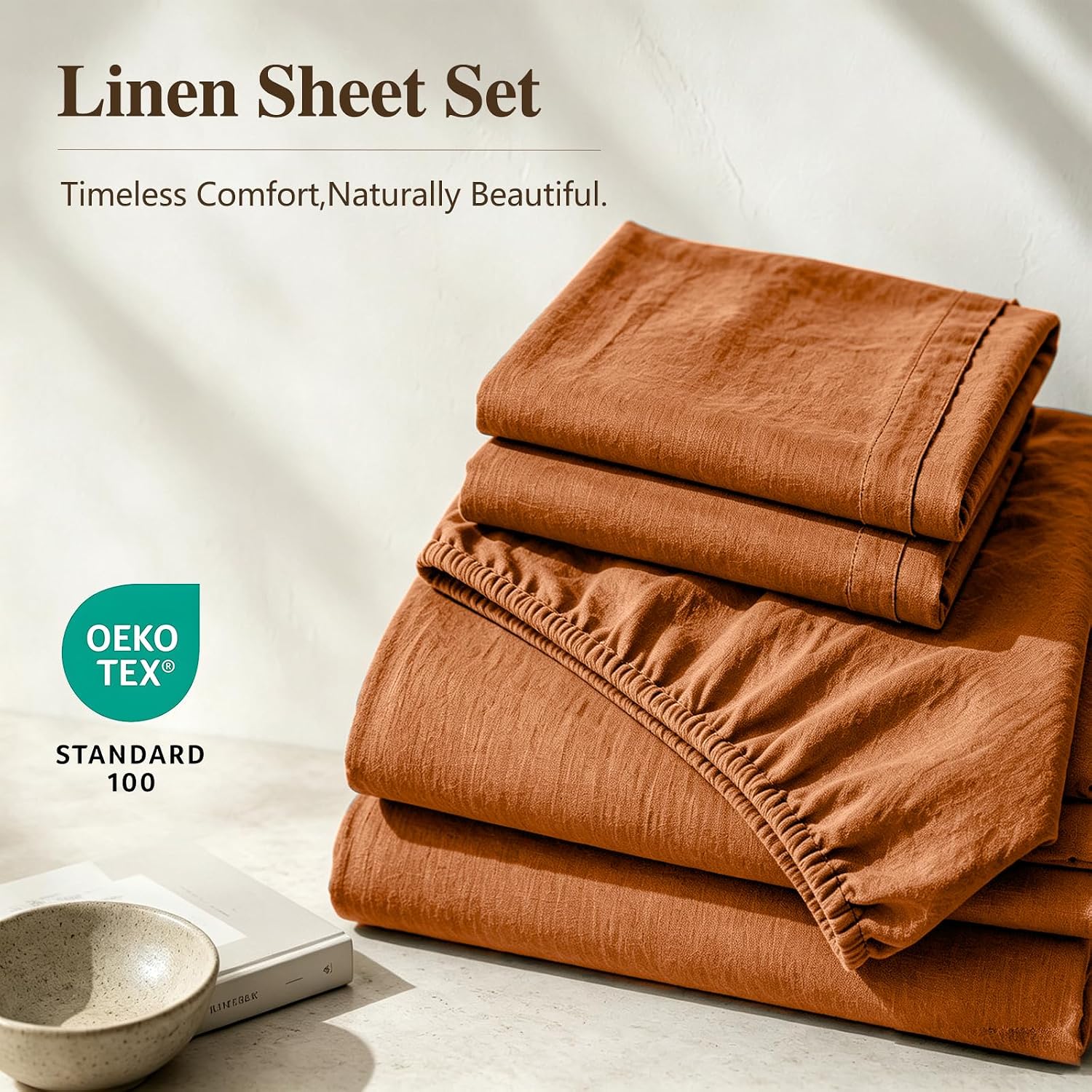 MEISHANG 100% French Linen Sheets California King.4 Pcs.18-24 Deep Pocket | Soft Durable Linen Sheets. Breathable. Anti-Tear. OEKO-TEX Certified. Easy Care Machine Washable