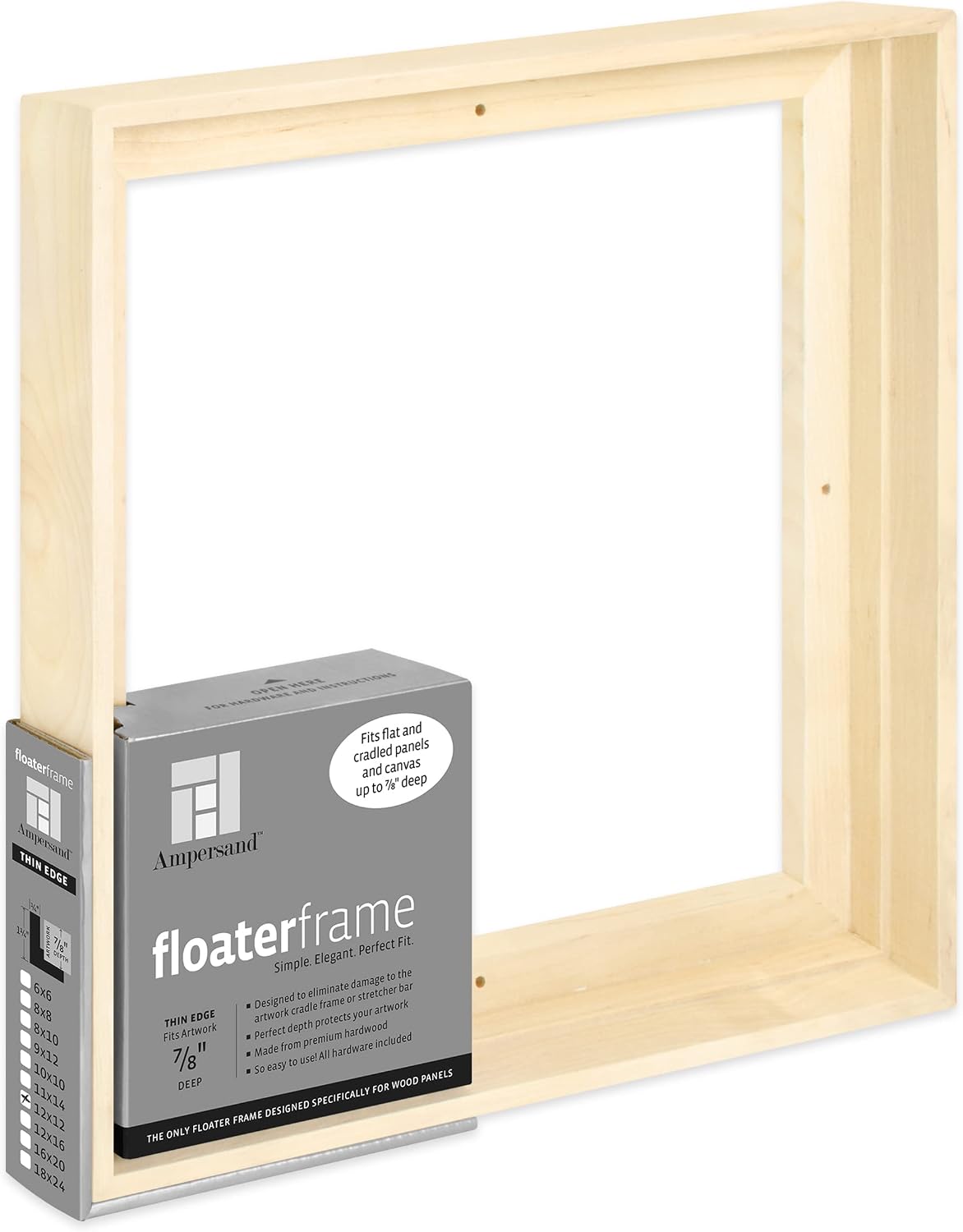 Ampersand Floaterframe for Wood Panels. 7/8 Inch Depth. Thin. 12X12 Inch. Maple (FTHIN781212M)