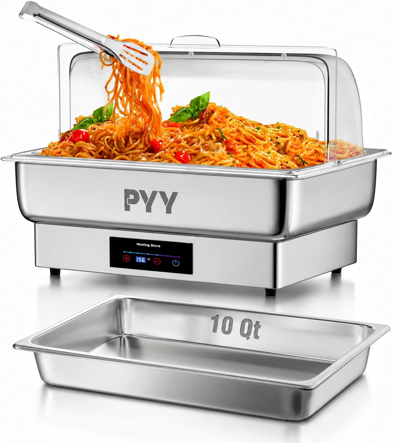PYY Electric Chafing Dish for Buffet. 400W Stainless Steel Buffet Server and Warmer with Digital Touch Control. Clear Roll-Top Lid and Full-Size Food Pan for Catering. Parties and Weddings