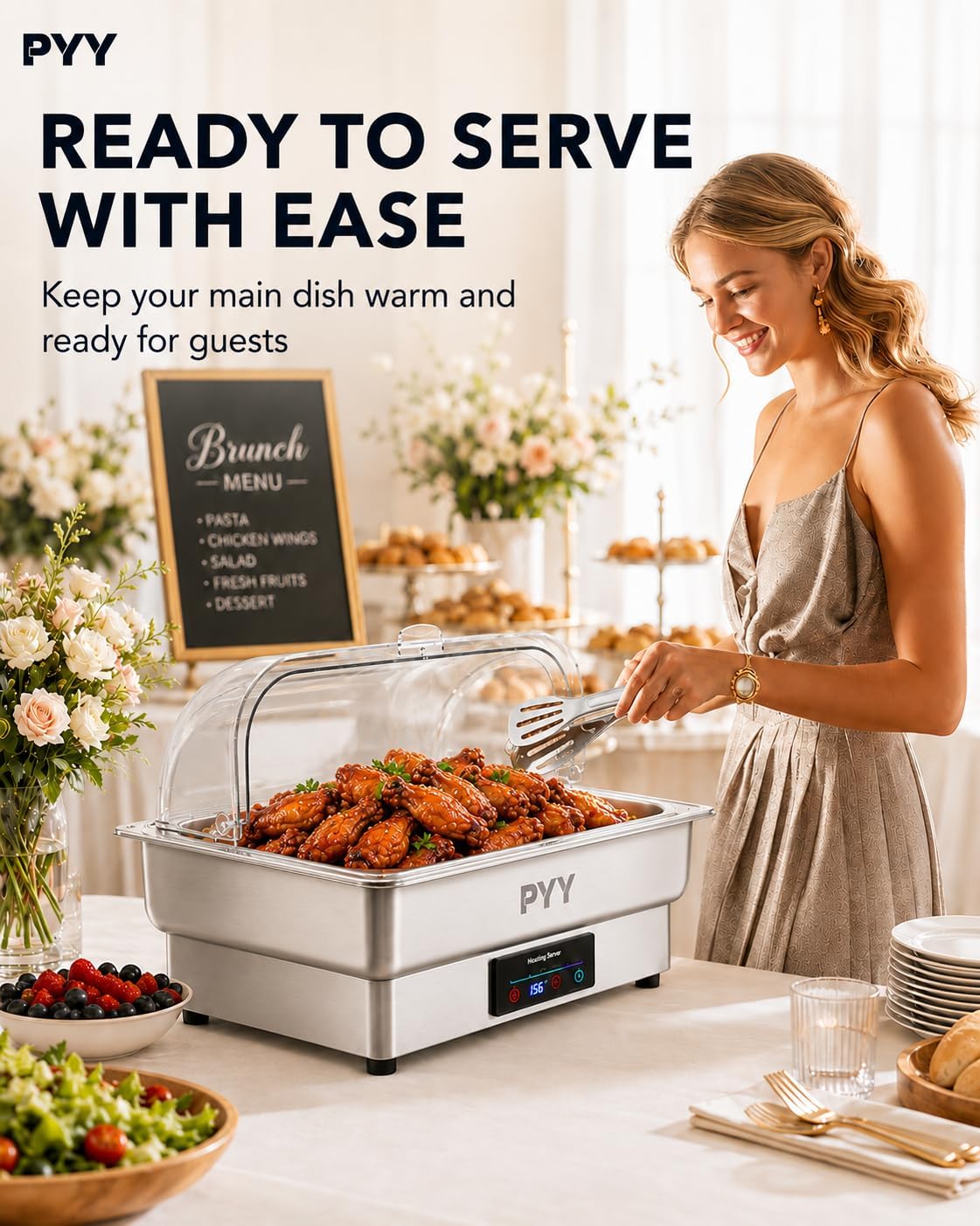 PYY Electric Chafing Dish for Buffet. 400W Stainless Steel Buffet Server and Warmer with Digital Touch Control. Clear Roll-Top Lid and Full-Size Food Pan for Catering. Parties and Weddings