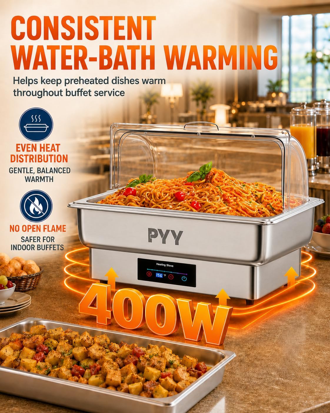 PYY Electric Chafing Dish for Buffet. 400W Stainless Steel Buffet Server and Warmer with Digital Touch Control. Clear Roll-Top Lid and Full-Size Food Pan for Catering. Parties and Weddings