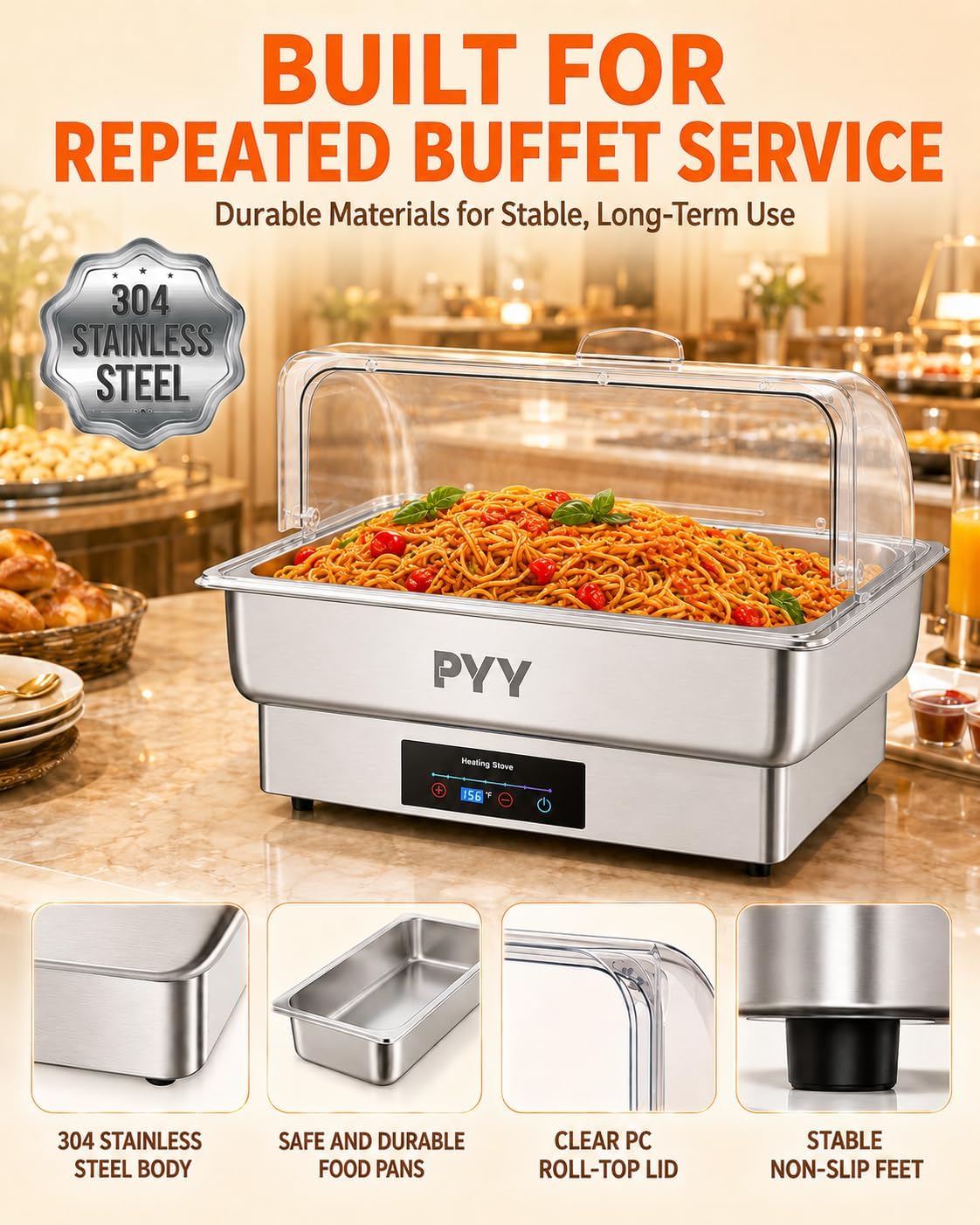 PYY Electric Chafing Dish for Buffet. 400W Stainless Steel Buffet Server and Warmer with Digital Touch Control. Clear Roll-Top Lid and Full-Size Food Pan for Catering. Parties and Weddings