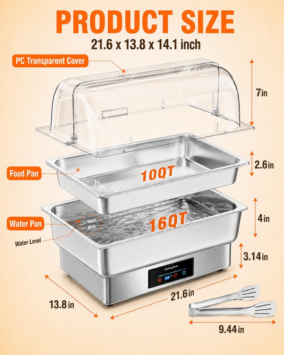 PYY Electric Chafing Dish for Buffet. 400W Stainless Steel Buffet Server and Warmer with Digital Touch Control. Clear Roll-Top Lid and Full-Size Food Pan for Catering. Parties and Weddings