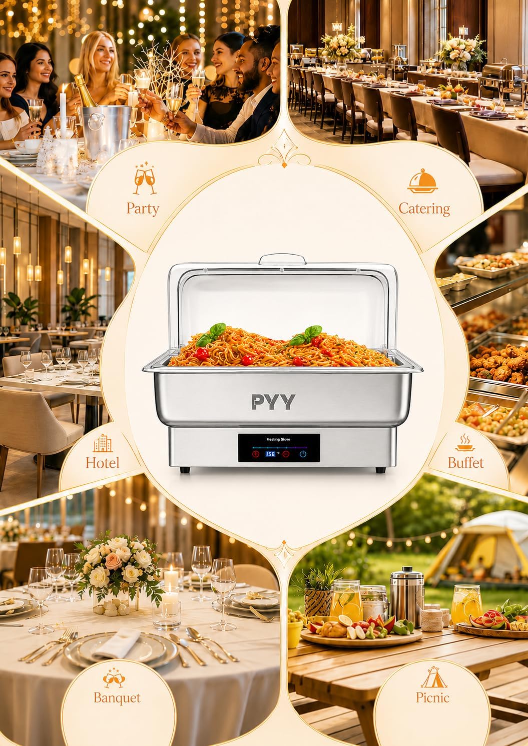 PYY Electric Chafing Dish for Buffet. 400W Stainless Steel Buffet Server and Warmer with Digital Touch Control. Clear Roll-Top Lid and Full-Size Food Pan for Catering. Parties and Weddings