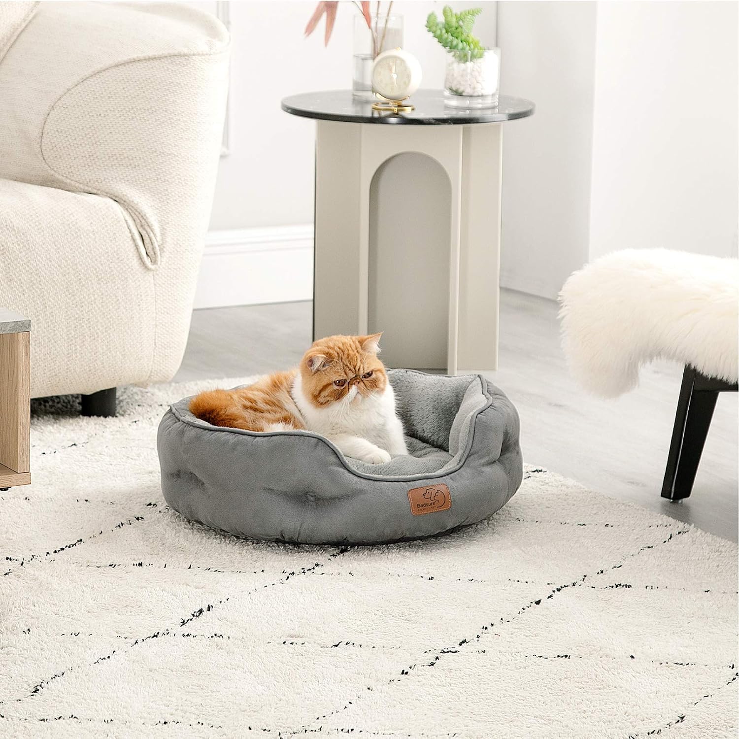 Bedsure Small Dog Bed Washable.Round Cat Beds for Indoor Cats.20in Grey | Soft Plush Pet Bed.Dog Beds for Small Dogs for Puppy and Kittens.Anti-Slip Bottom.Easy to Clean