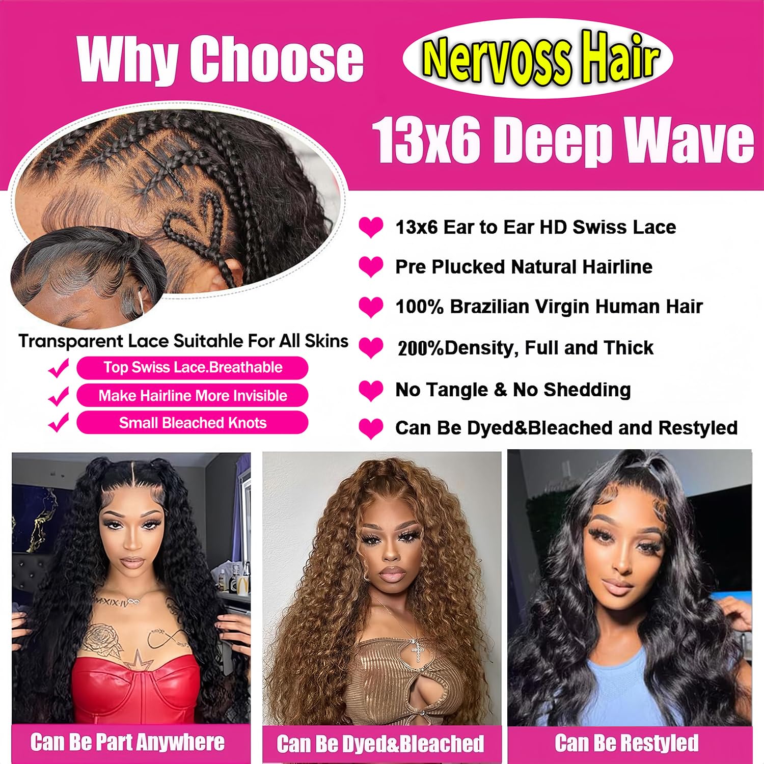 Nervoss 30 Inch Deep Wave Lace Front Wigs Human Hair 200% Density 13x6 HD Transparent Deep Curly Lace Front Wigs for Women Pre Plcked Glueless Wigs with Baby Hair