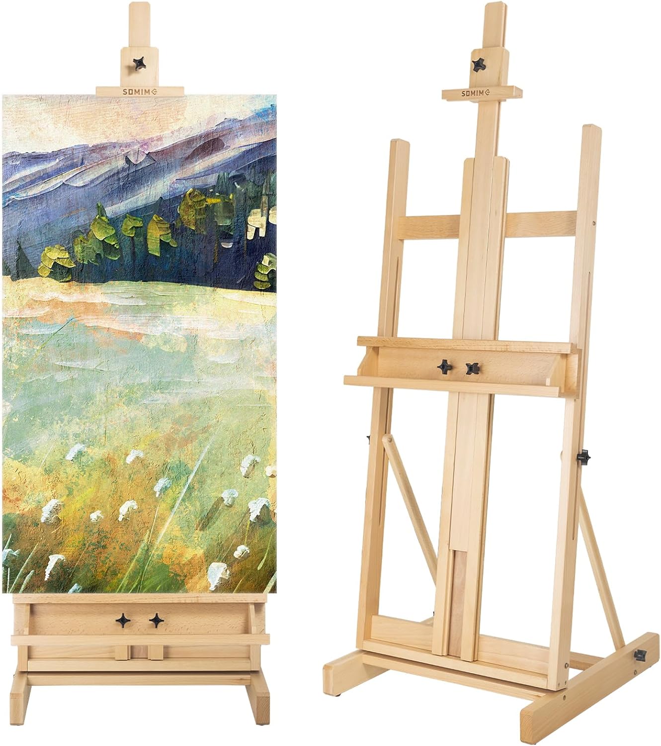 Somime Beechwood H-Frame Artist Studio Easel with Storage Drawer. Natural | Adjustable Wooden Painting Easel Holding Canvas up to 78 High