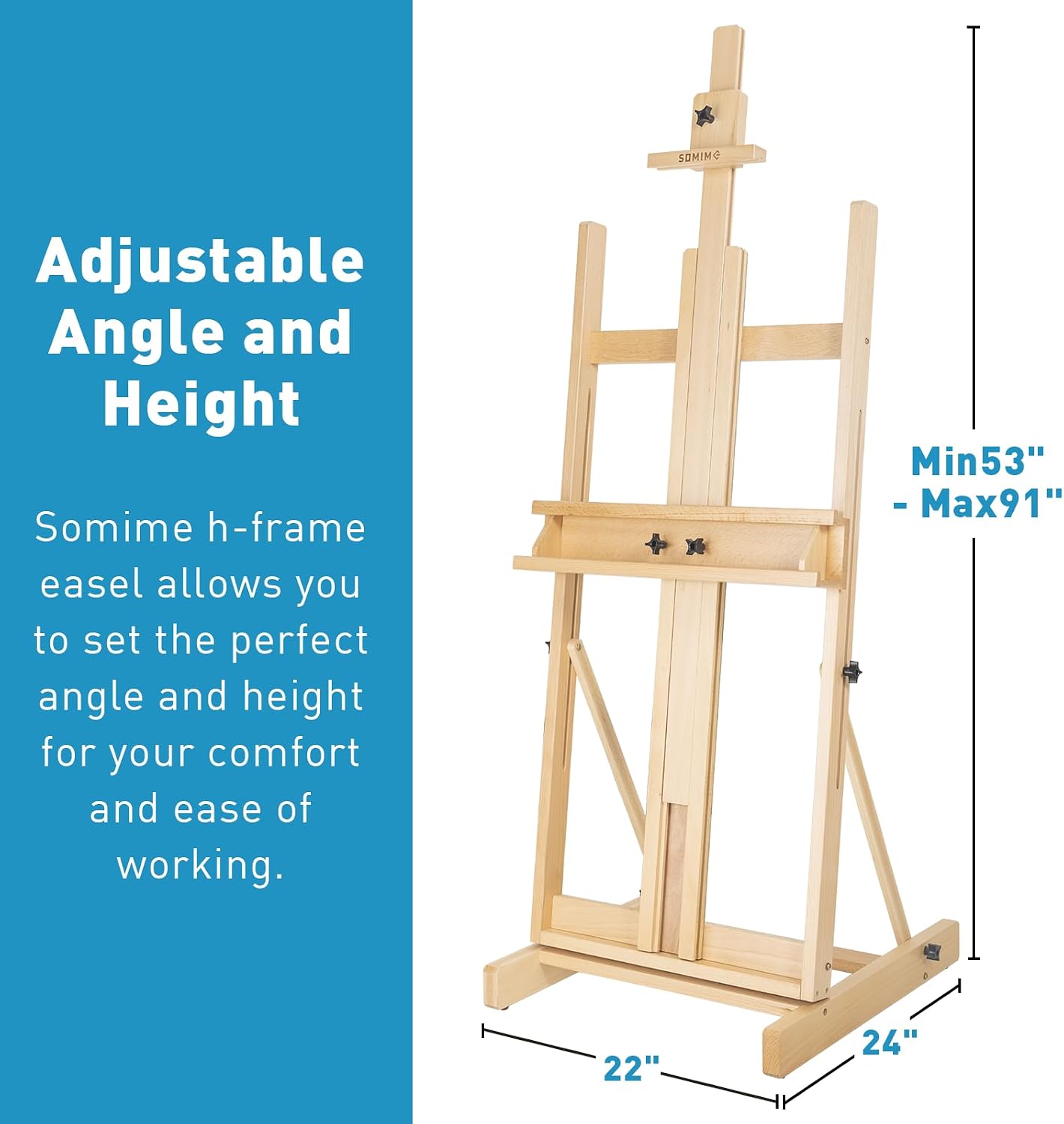 Somime Beechwood H-Frame Artist Studio Easel with Storage Drawer. Natural | Adjustable Wooden Painting Easel Holding Canvas up to 78 High