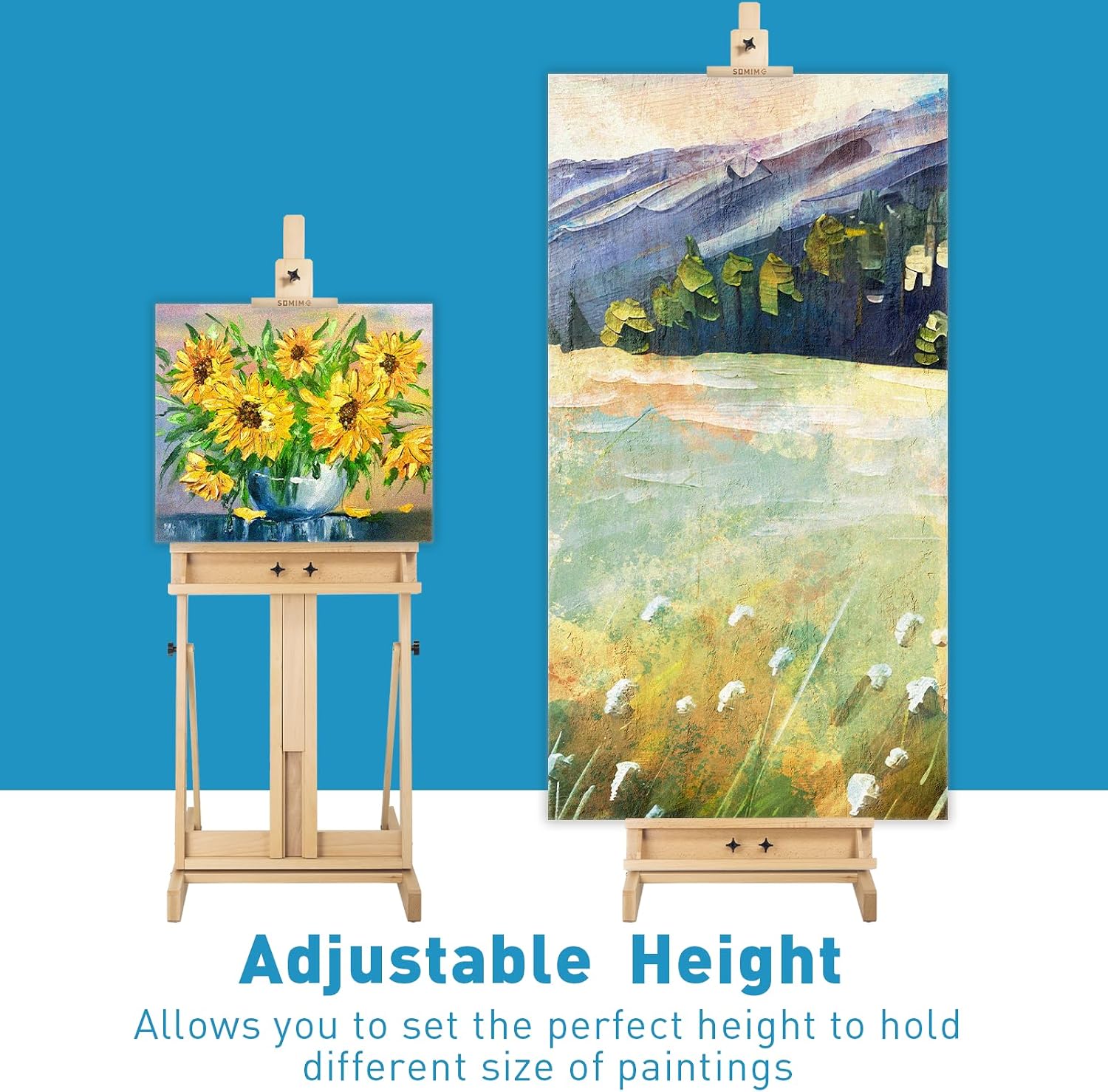 Somime Beechwood H-Frame Artist Studio Easel with Storage Drawer. Natural | Adjustable Wooden Painting Easel Holding Canvas up to 78 High