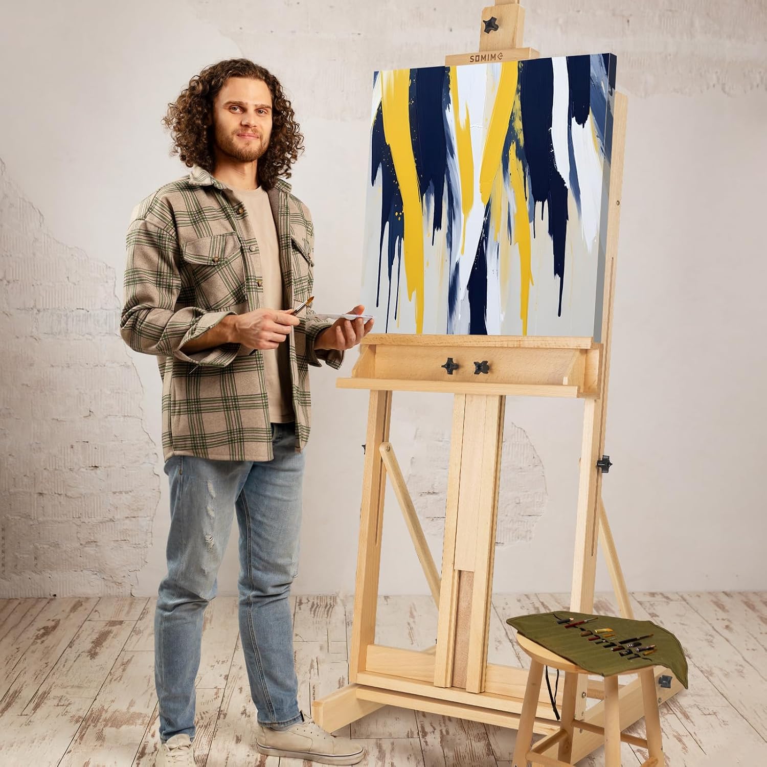 Somime Beechwood H-Frame Artist Studio Easel with Storage Drawer. Natural | Adjustable Wooden Painting Easel Holding Canvas up to 78 High