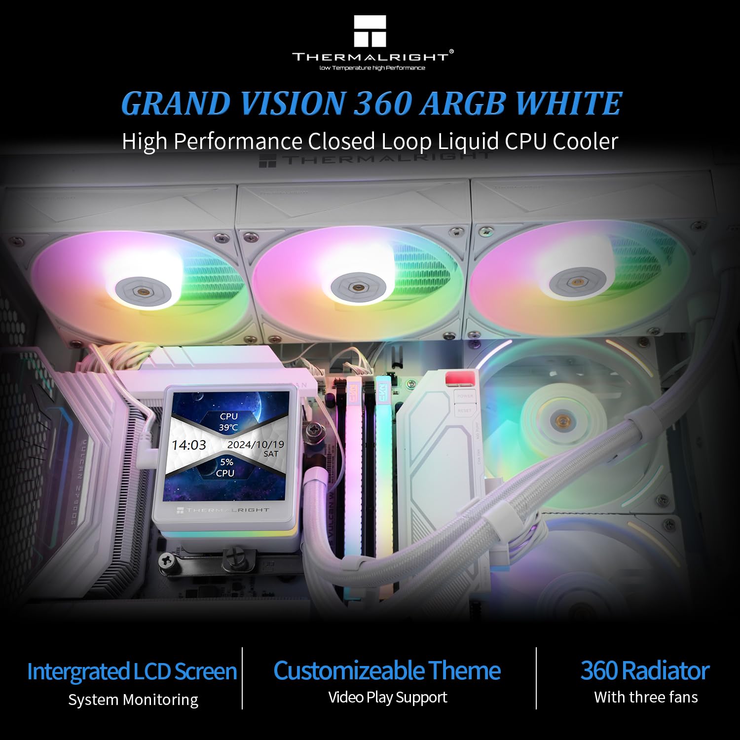 Thermalrlght Grand Vision 360 ARGB White CPU AIO Cooler.PC 360 Specification Water Cooler System.IPS LCD Screen with 480x480 Resolution and 3.4inch.for AM4/AM5&Intel LGA1700/1851