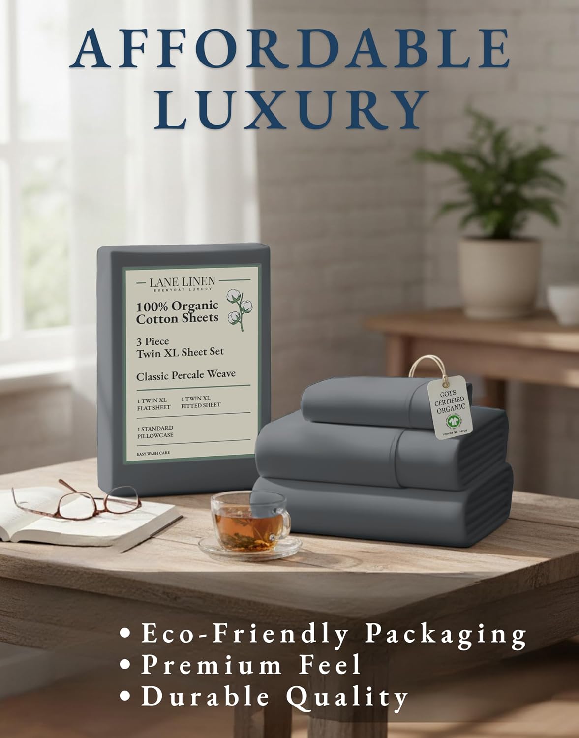 LANE LINEN Twin XL Sheet Set 100% Organic Cotton Cooling Soft - Charcoal | Twin XL Sheet Set. GOTS Certified Organic Cotton Percale - Crisp Hotel-Style Feel. Soft From The First Wash. For Hot Sleepers