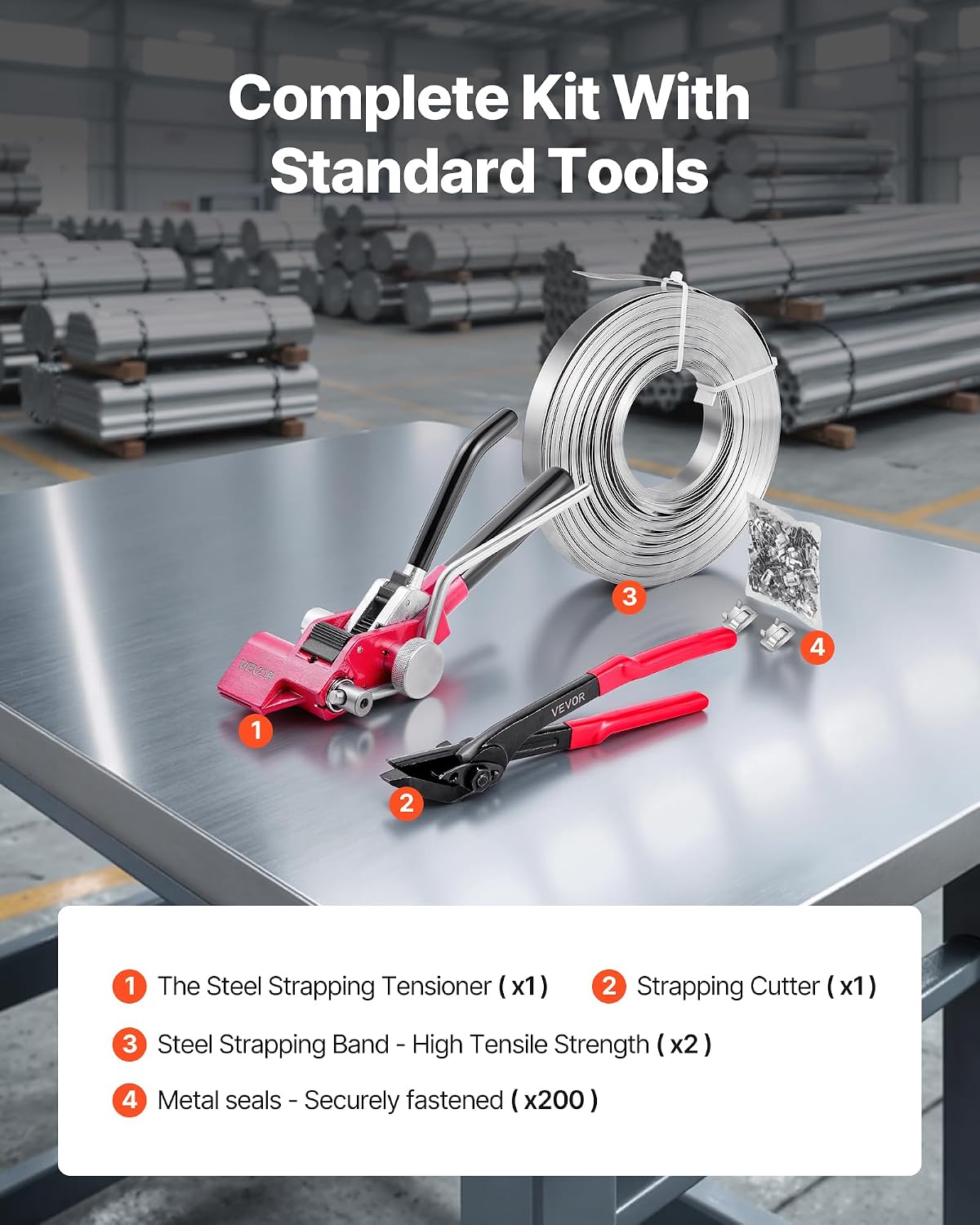 VEVOR Steel Banding Strapping Kit. Heavy Duty Banding Sealer Tool with 200 ft Binding Straps. 200 Metal Clasps. Manual Pallet Packaging Strapping Kit for Warehouse. Transportation. Industrial Bundling