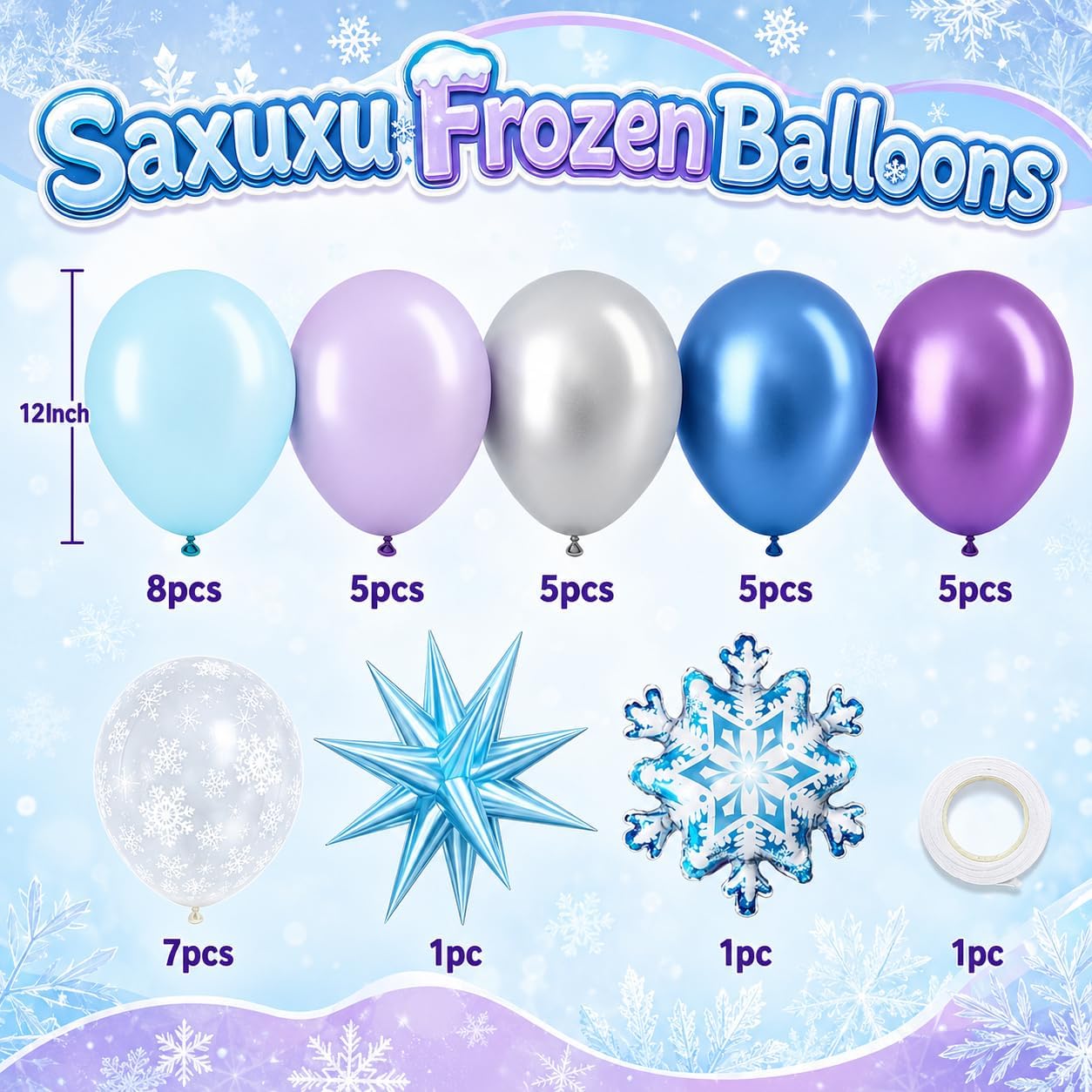 Frozen Balloons. 12 Inch Winter Snow Frozen Themed Party Decorations | Includes Snowflake Foil Balloons. Decorations For Frozen Birthday. Baby Shower And Winter Wedding Celebrations