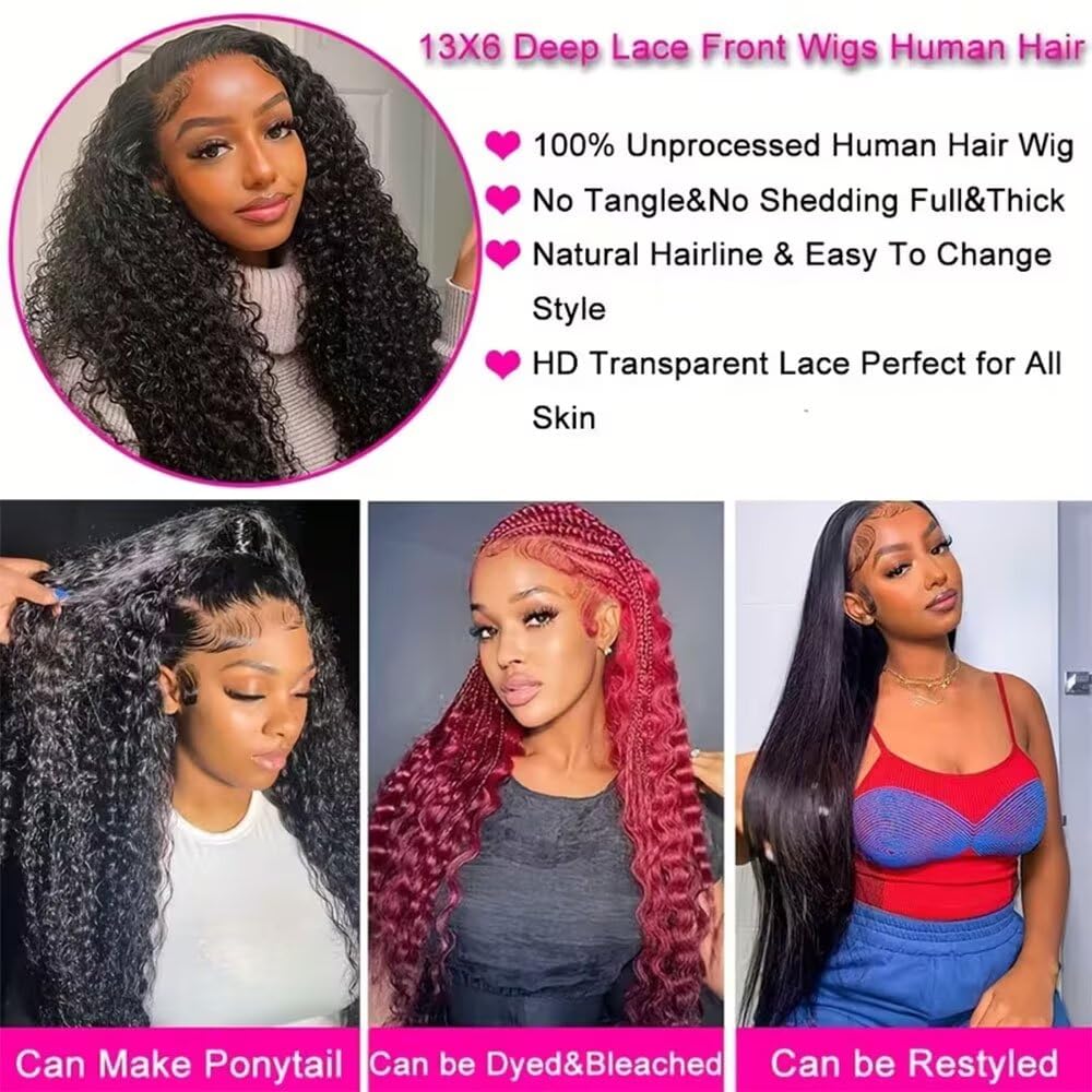 Hotsea 20 Inch 13x6 Deep Wave Lace Front Wigs Human Hair 200% Density Lace Front Wigs Human Hair for Women HD Transparent Lace Glueless Frontal Wigs Human Hair Pre Plucked Natural Color