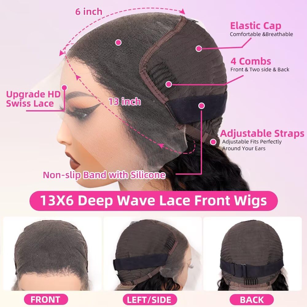 Hotsea 20 Inch 13x6 Deep Wave Lace Front Wigs Human Hair 200% Density Lace Front Wigs Human Hair for Women HD Transparent Lace Glueless Frontal Wigs Human Hair Pre Plucked Natural Color