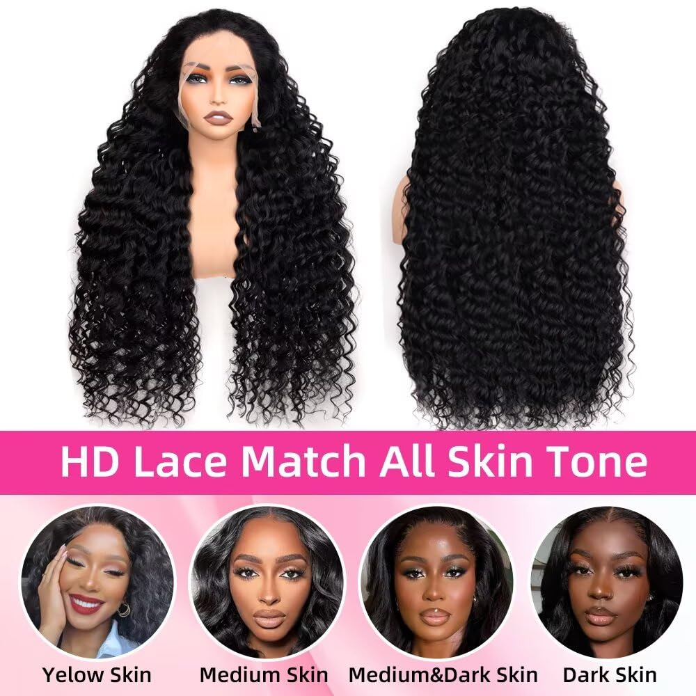 Hotsea 20 Inch 13x6 Deep Wave Lace Front Wigs Human Hair 200% Density Lace Front Wigs Human Hair for Women HD Transparent Lace Glueless Frontal Wigs Human Hair Pre Plucked Natural Color