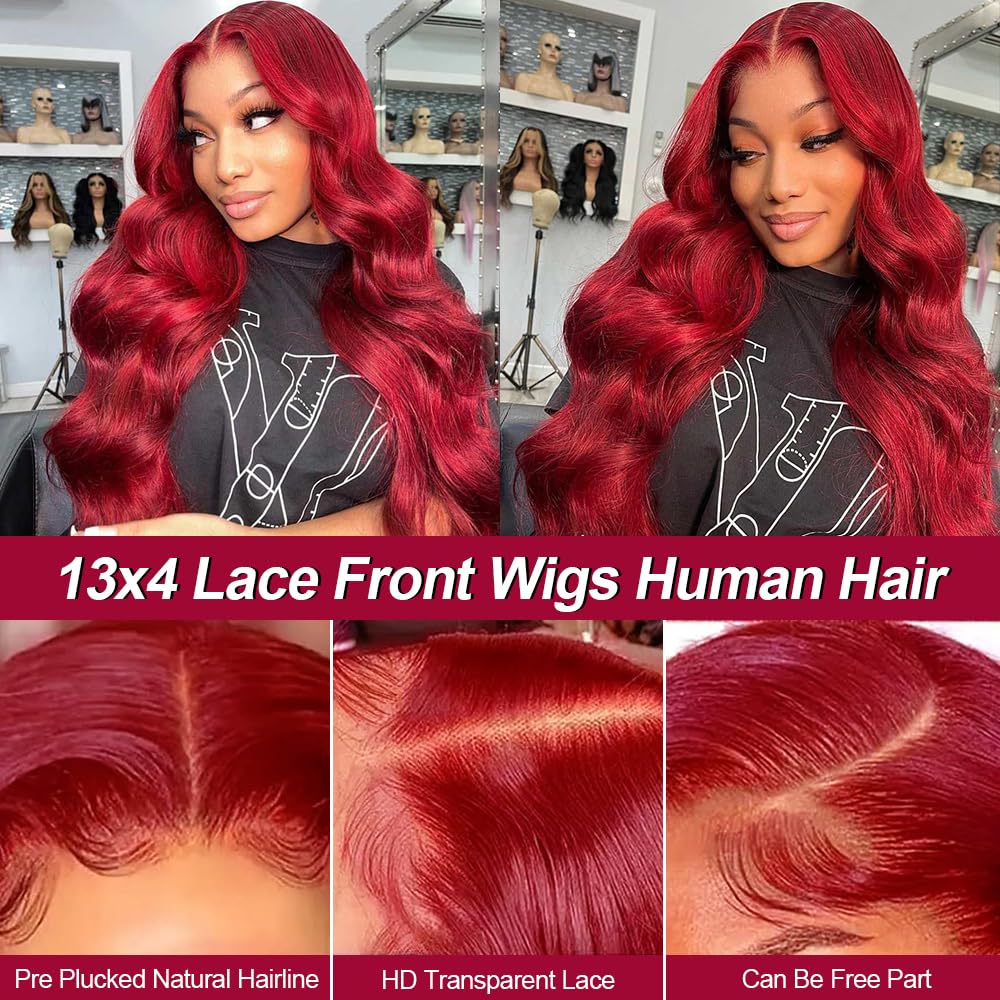 Rylice Burgundy Lace Front Wigs Human Hair 180% Density 13x4 99J Body Wave Lace Frontal Wigs Human Hair for Women HD Glueless Red Wigs Human Hair Pre Plucked Bleached Knots 26 Inch