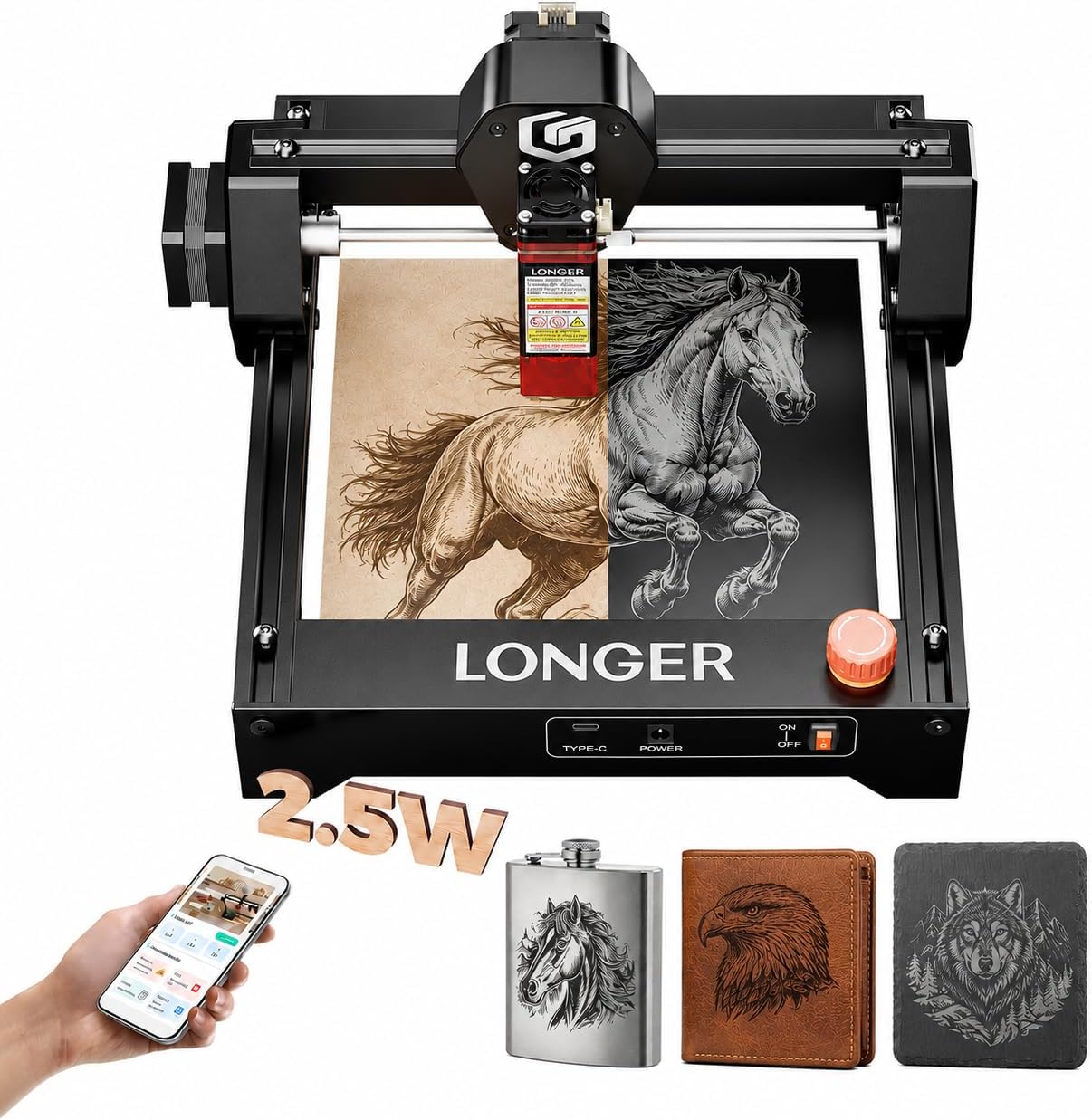 LONGER RAY5 Laser Engraver. 2500mW Compact Precision Engraving Machine | 0.01mm Ultra Precision. 12000mm/min Speed. Wood Acrylic Leather Engraving. DIY Crafts. Compact Design. 131×140mm Work Area