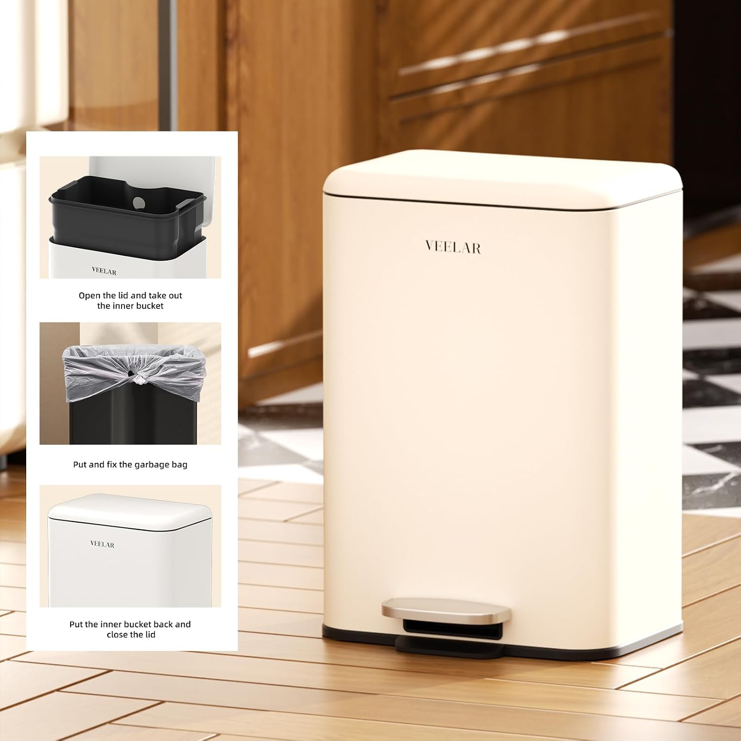 VEELAR Kitchen Bathroom 5.5Gal / 20L Trash Can (White) | Stainless Steel Garbage Cans with Foot Pedal. Recycling Bin with Lid for Office Bathroom