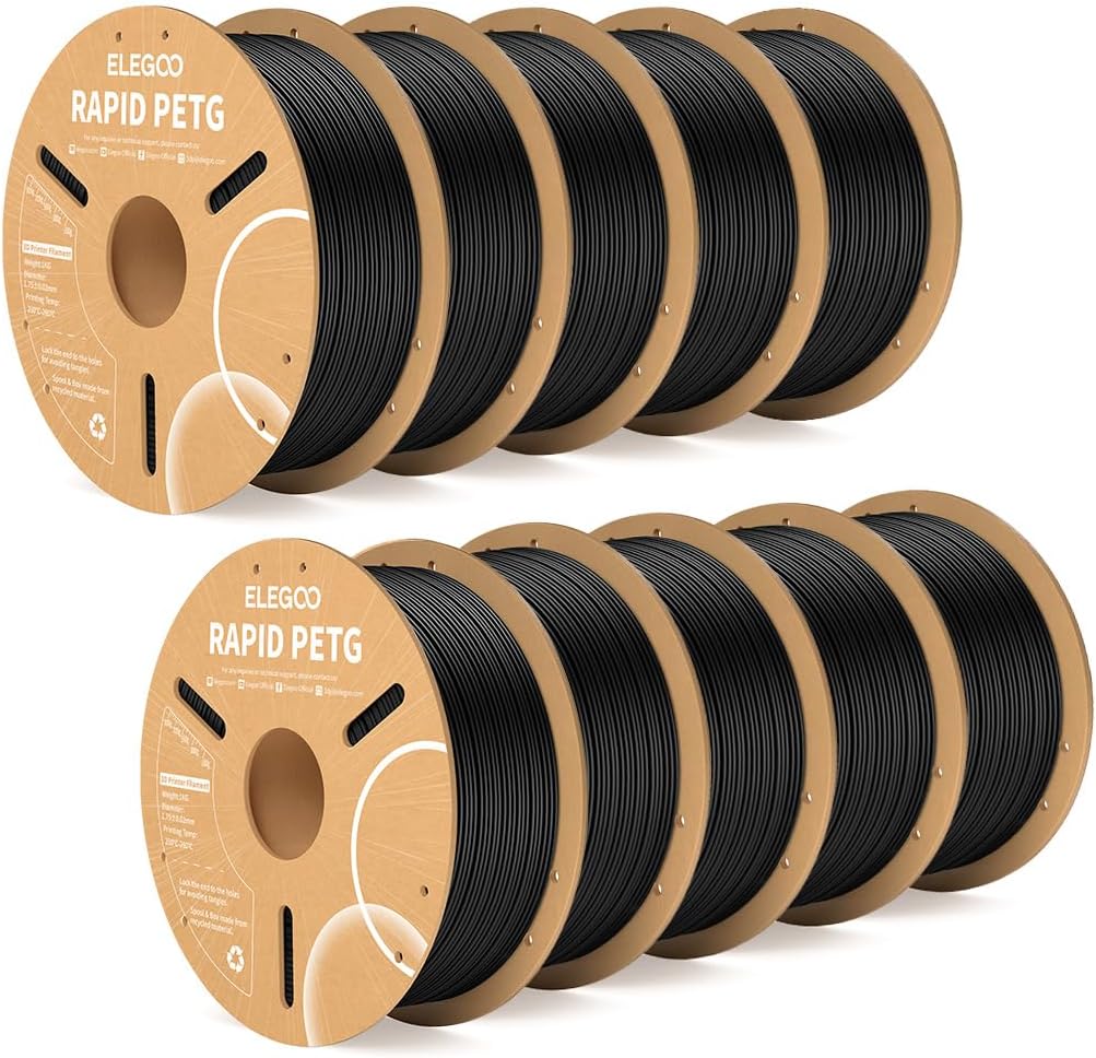 ELEGOO Rapid PETG Filament 1.75mm Black 10KG. High Speed 600mm/s 3D Printer Filament Dimensional Accuracy +/- 0.02 mm. 10 Pack 1kg Cardboard Spool(2.2lbs) Fits for Most FDM 3D Printers