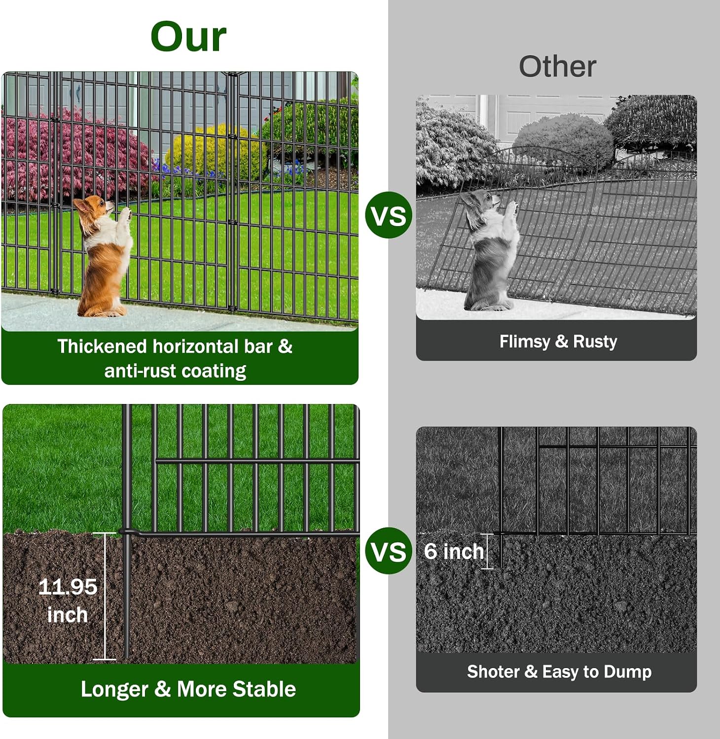 10 Panel No Dig Decorative Garden Fence with Gate 40H x 23.6'L Dog Barrier | Rustproof welded Metal with deep stakes for outdoor yards. patios. Modular design contains pets. rabbits. small animals.