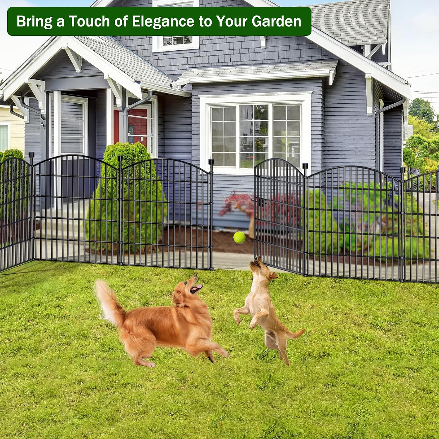 10 Panel No Dig Decorative Garden Fence with Gate 40H x 23.6'L Dog Barrier | Rustproof welded Metal with deep stakes for outdoor yards. patios. Modular design contains pets. rabbits. small animals.