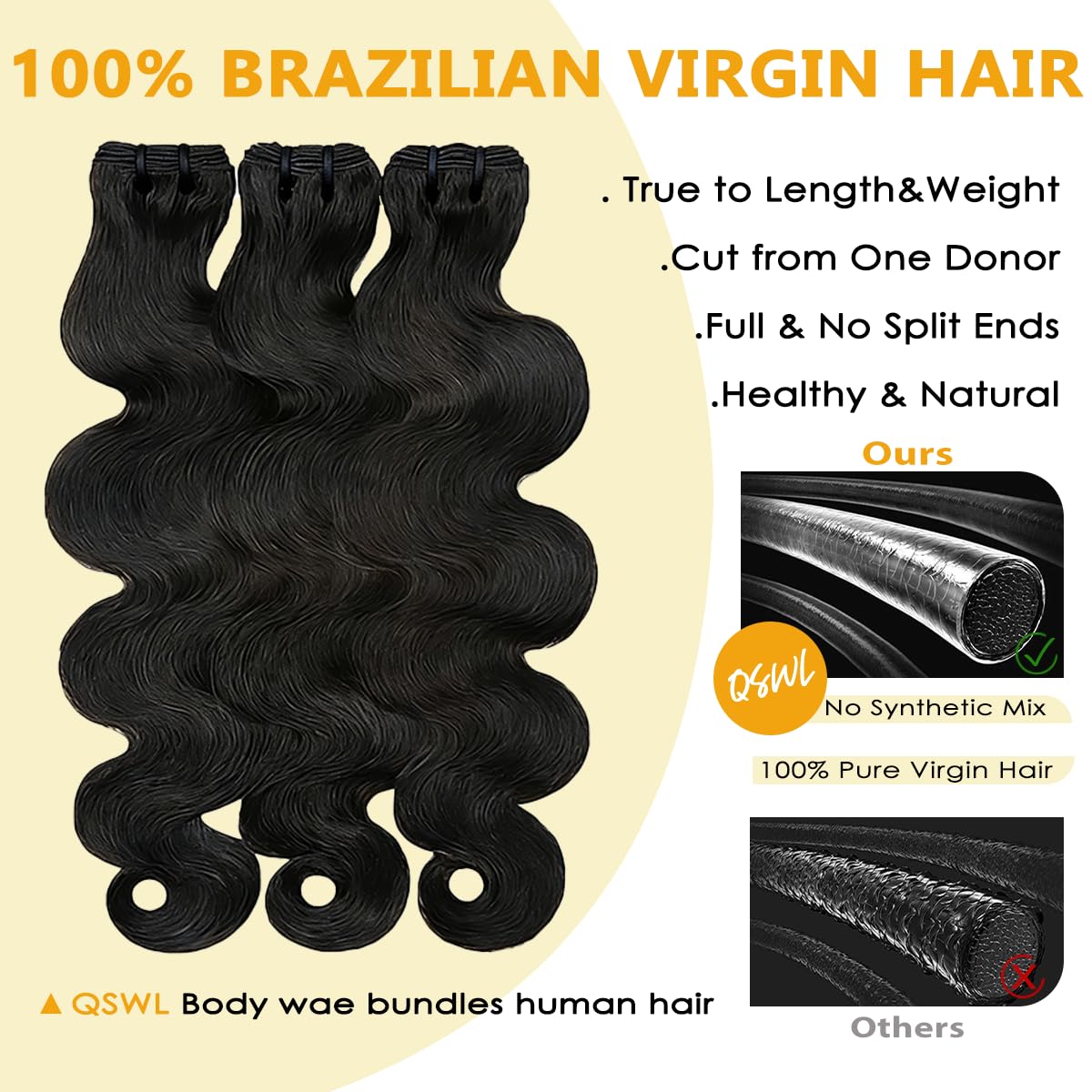 QSWL 14A Body Wave Bundles Human Hair 20 20 20 Inch Brazilian Virgin Hair | Smooth Hair. Reusable Hair with Minimal Shedding. Perfect for Custom Coloring. Quick Weaves and Everyday Styling. Fuller Ends