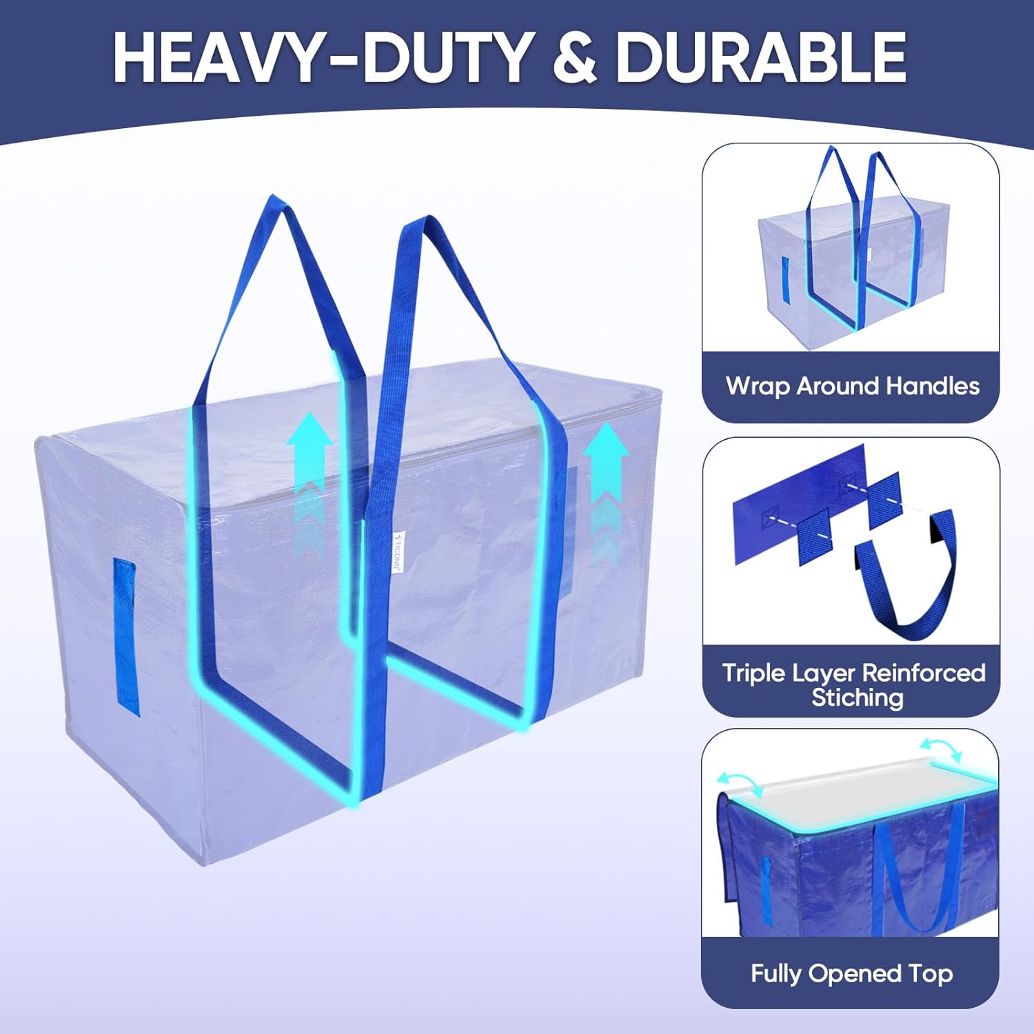 TICONN 16 Pack Extra Large Moving Bags Heavy Duty with Zippers & Carrying Handles. Durable Storage Bags Moving Boxes for Closet Organizers and Storage (16 Pack. Blue)
