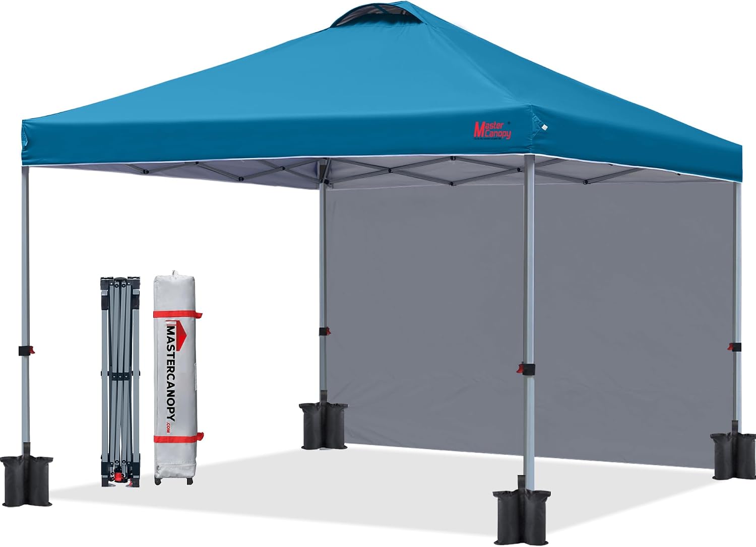 MASTERCANOPY 10x10 Durable Pop Up Canopy Tent with 1 Sidewall. Cyan Blue | One Person Setup. Outdoor Portable Canopy Instant Shelter. Silver Coated Top. Sun Shade. Roller Bag. Beach/Camping/Market