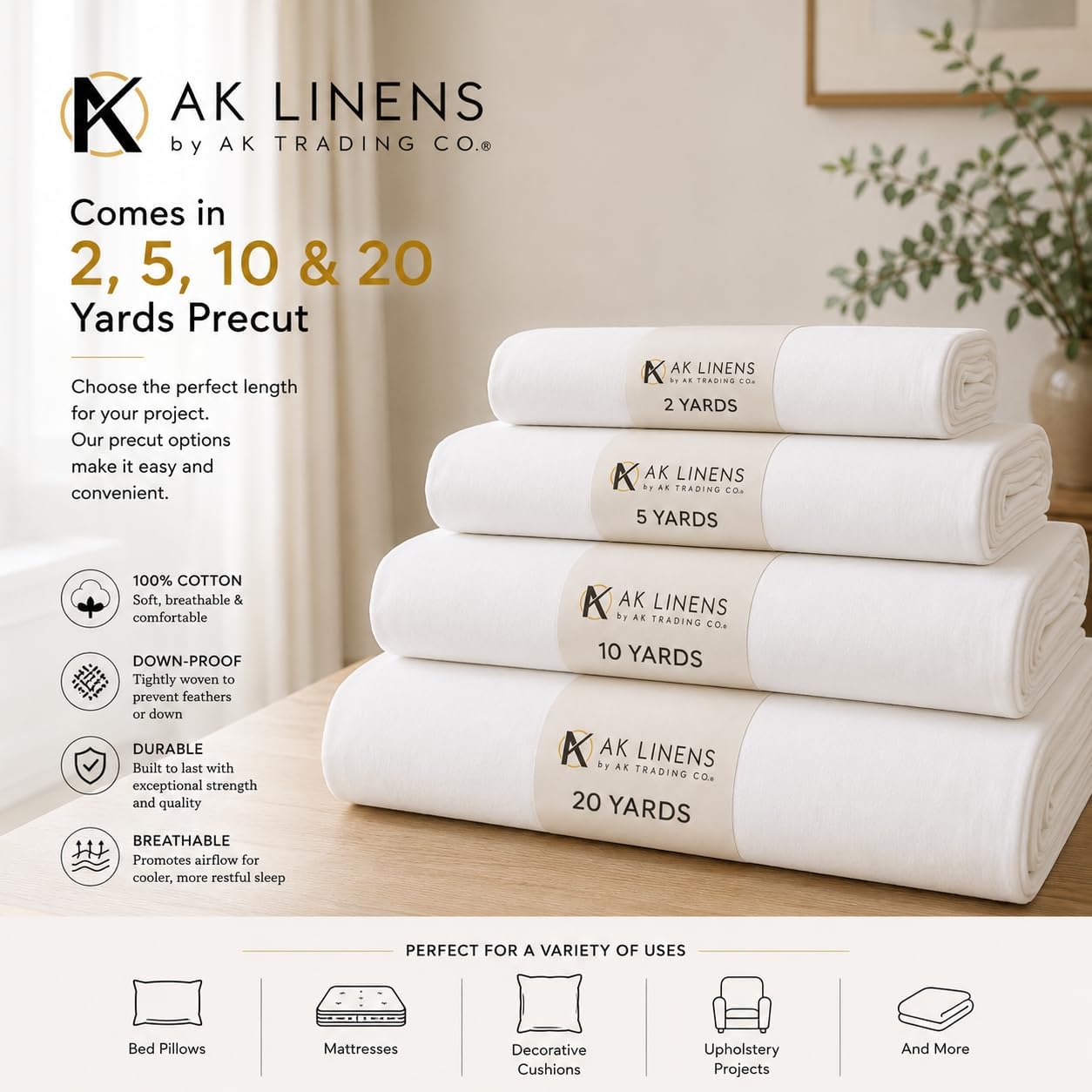 AK TRADING CO. Down-Proof Cotton Ticking Fabric 180 Thread Count (63 Wide. 10 Yards)