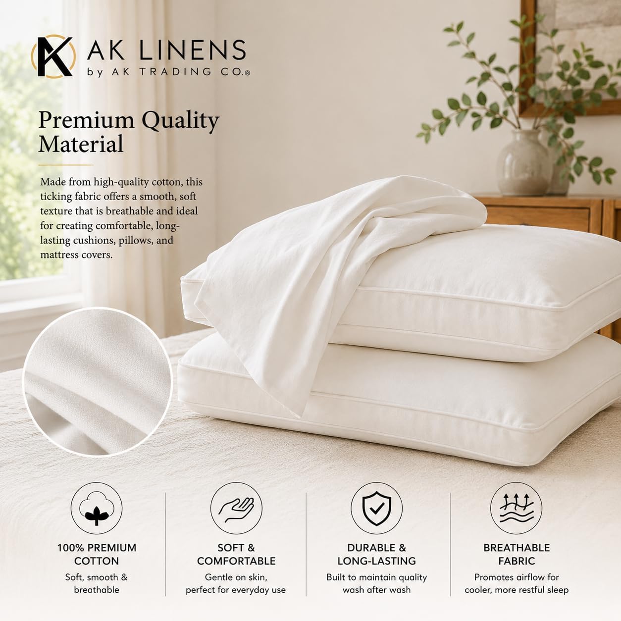 AK TRADING CO. Down-Proof Cotton Ticking Fabric 180 Thread Count (63 Wide. 10 Yards)