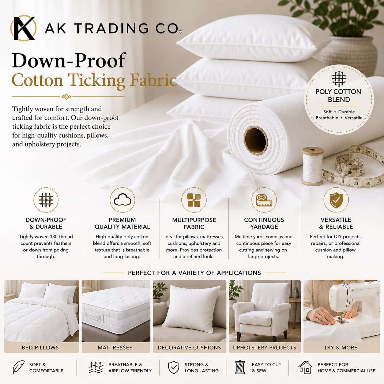 AK TRADING CO. Down-Proof Cotton Ticking Fabric 180 Thread Count (63 Wide. 10 Yards)