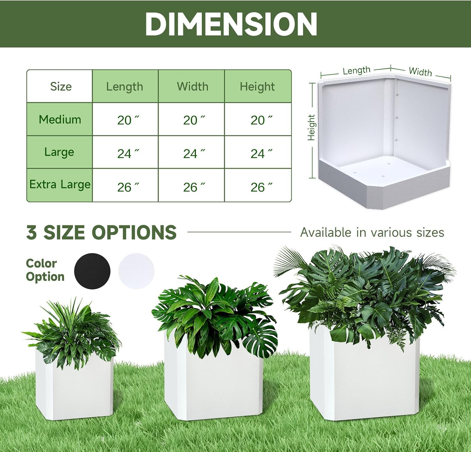 Metal Planter Box 24L x 24W x 24H Large Square Steel Planter Box | Outdoor Indoor White Cube Steel Planters Galvanized. Drainage Holes. Easy Assembly. for Yard. Patio. Deck. Commercial Use