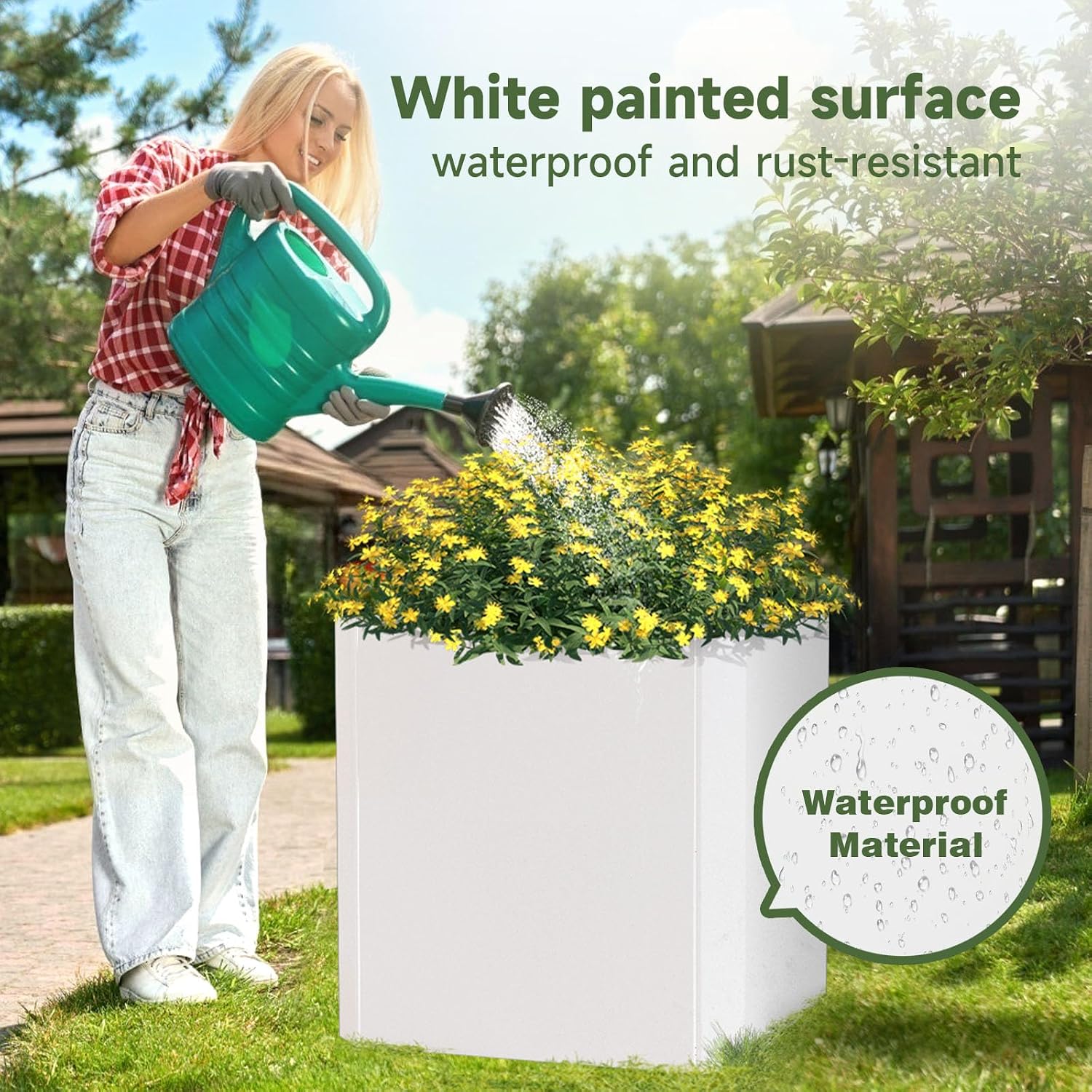 Metal Planter Box 24L x 24W x 24H Large Square Steel Planter Box | Outdoor Indoor White Cube Steel Planters Galvanized. Drainage Holes. Easy Assembly. for Yard. Patio. Deck. Commercial Use