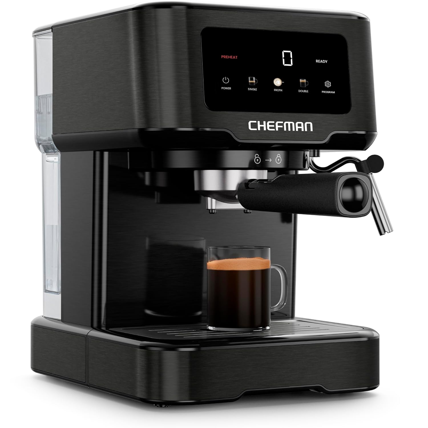 Chefman CraftBrew Espresso Machine. 15-Bar Pump Digital Espresso Maker w/Steam Wand for Latte & Cappuccino. Compact Espresso Coffee Machine w/ 1.5L Removable Water Reservoir - Stainless Black