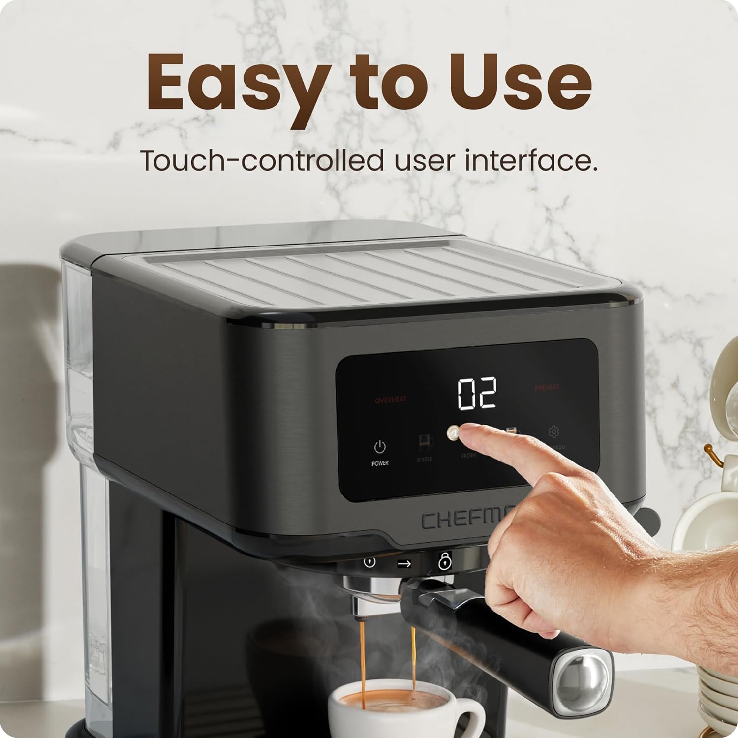 Chefman CraftBrew Espresso Machine. 15-Bar Pump Digital Espresso Maker w/Steam Wand for Latte & Cappuccino. Compact Espresso Coffee Machine w/ 1.5L Removable Water Reservoir - Stainless Black