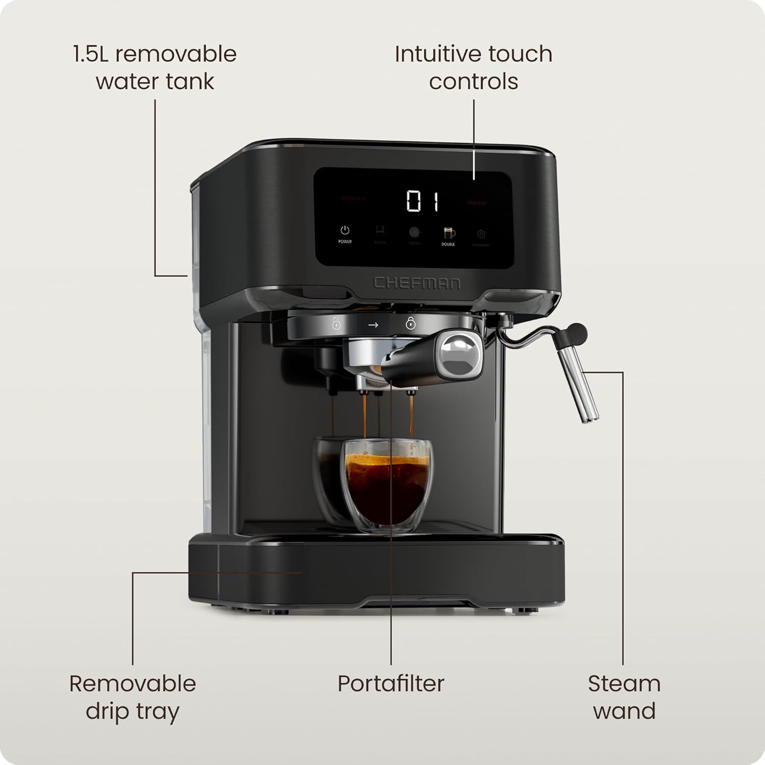 Chefman CraftBrew Espresso Machine. 15-Bar Pump Digital Espresso Maker w/Steam Wand for Latte & Cappuccino. Compact Espresso Coffee Machine w/ 1.5L Removable Water Reservoir - Stainless Black