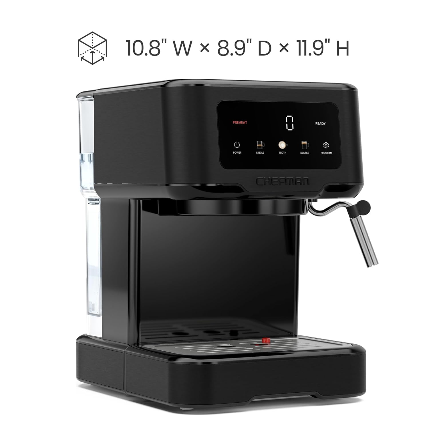 Chefman CraftBrew Espresso Machine. 15-Bar Pump Digital Espresso Maker w/Steam Wand for Latte & Cappuccino. Compact Espresso Coffee Machine w/ 1.5L Removable Water Reservoir - Stainless Black