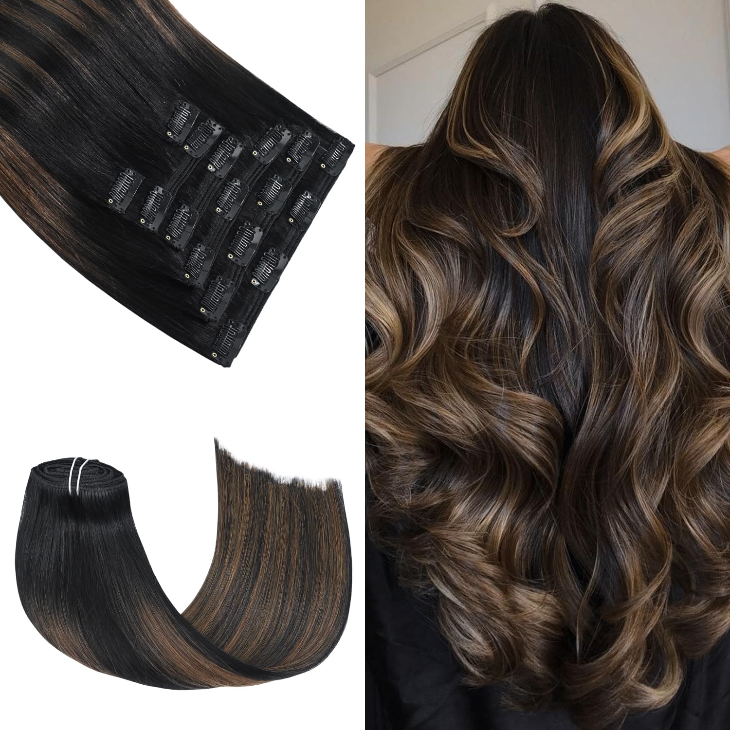 Honsoo 18in Clip In Hair Extensions Natural Black To Chestnut Brown Real Human Thick 120g 7pcs Hair Extensions Sliky Straight Human Hair Clip Ins