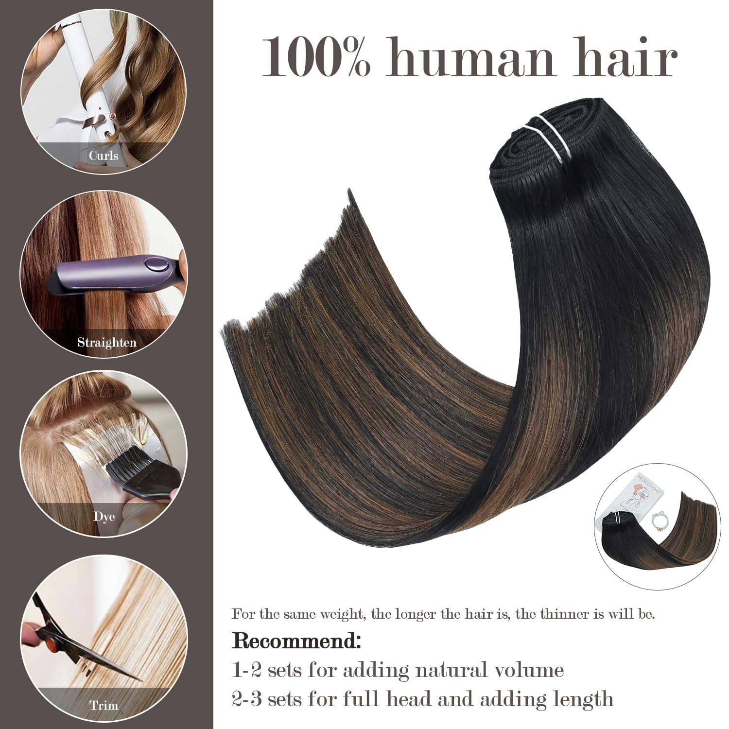 Honsoo 18in Clip In Hair Extensions Natural Black To Chestnut Brown Real Human Thick 120g 7pcs Hair Extensions Sliky Straight Human Hair Clip Ins