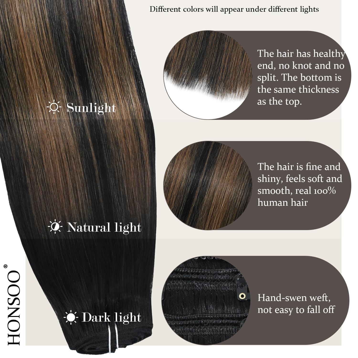 Honsoo 18in Clip In Hair Extensions Natural Black To Chestnut Brown Real Human Thick 120g 7pcs Hair Extensions Sliky Straight Human Hair Clip Ins