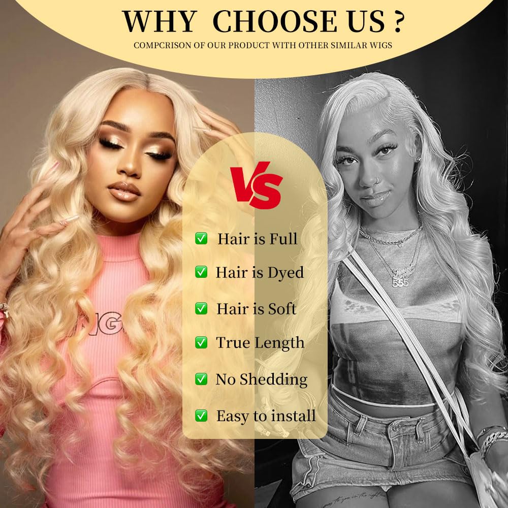 Femca 28 Inch 613 13x6 Lace Front Wig Human Hair 200 Density Body Wave Human Hair Wig 100% Real Human Hair Easily Stained Blend Minimum Shedding Tangle Free Longer life