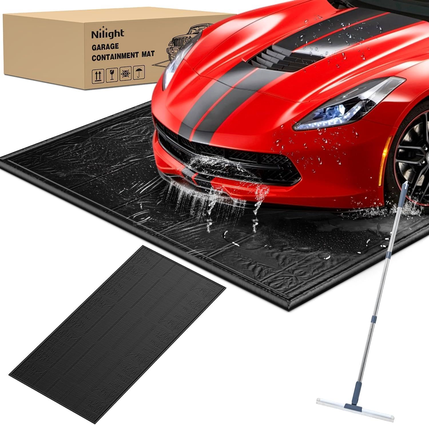Nilight 7.9 x 18 FT Garage Floor Containment Mat with Edge for Under Car | Heavy Duty PVC. 1.4 Raised Edge. Waterproof. Easy to Clean. Includes Squeegee. Parking Mats for Cars SUVs Sedans