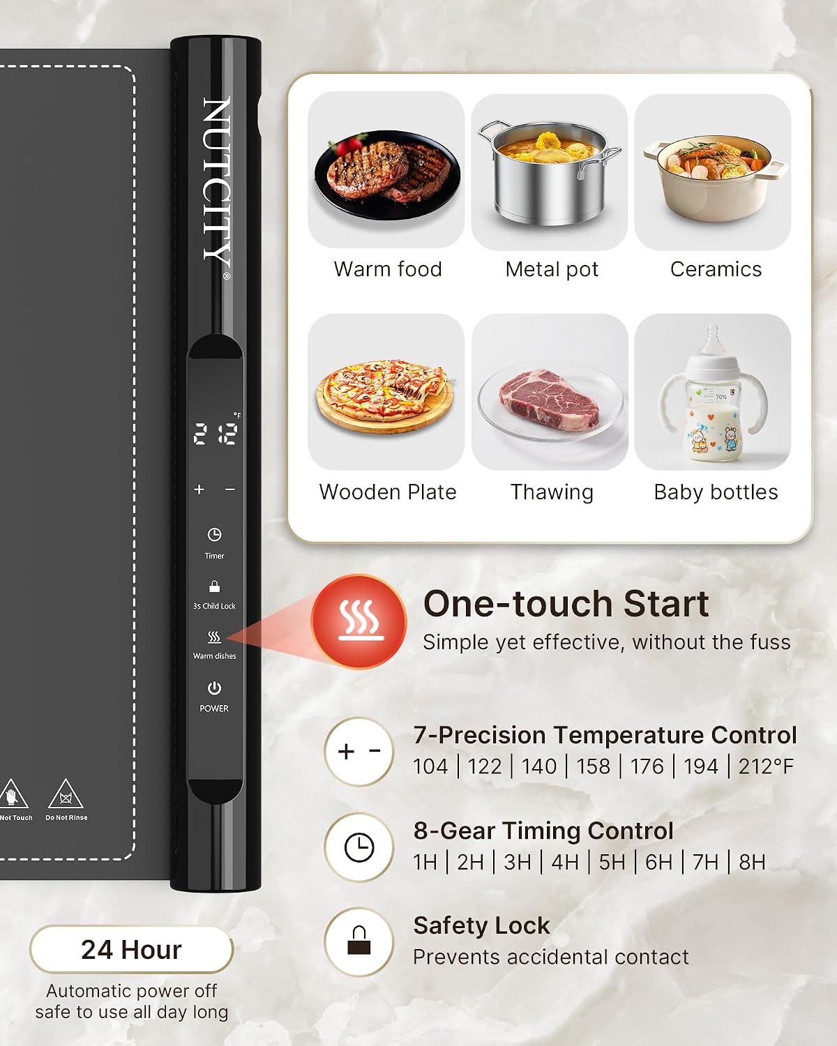 NUTCITY Food Warming Mat Extra Large 40x16 with Insulation Pad | Fast & Even Heating with 7 Temperature Settings and 8H Timer Keeps Meals Warm for Parties. Gatherings and Daily Dining