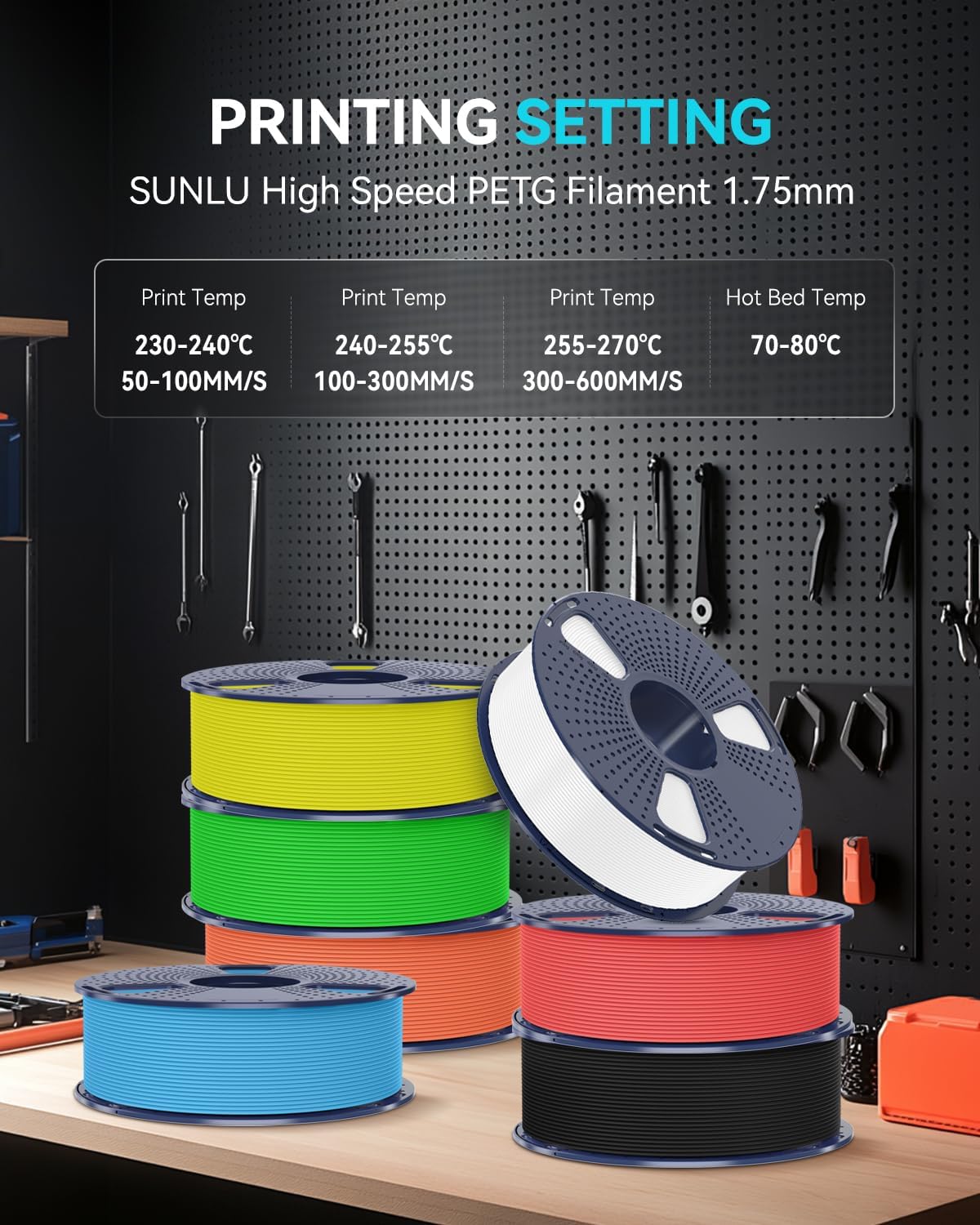 SUNLU High Speed PETG Filament 1.75mm. 10 Colors. 10KG Bundle | Less Stringing. Good Layer Adhesion. 1kg per Spool. Pack of 10. Black+White+Grey+Red+Orange+Pink+Sky Blue+Green+Yellow+Blue