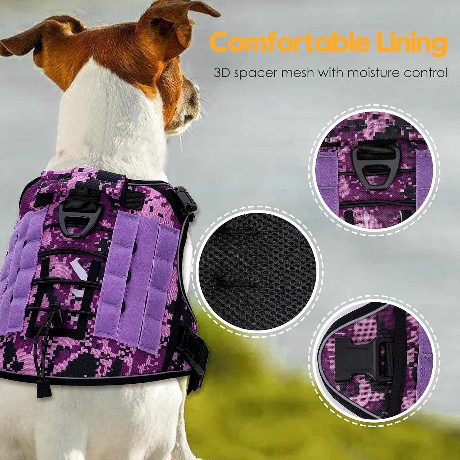 Heavy-Duty Tactical Dog Harness for Large Dogs. No Pull Adjustable Reflective Pet Vest with Molle System. K9 Military-Grade Control for Service Training. Outdoor & 10+ Breeds. Purple Camo. X-Large
