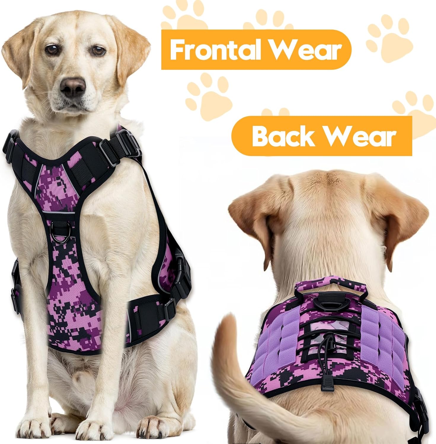 Heavy-Duty Tactical Dog Harness for Large Dogs. No Pull Adjustable Reflective Pet Vest with Molle System. K9 Military-Grade Control for Service Training. Outdoor & 10+ Breeds. Purple Camo. X-Large
