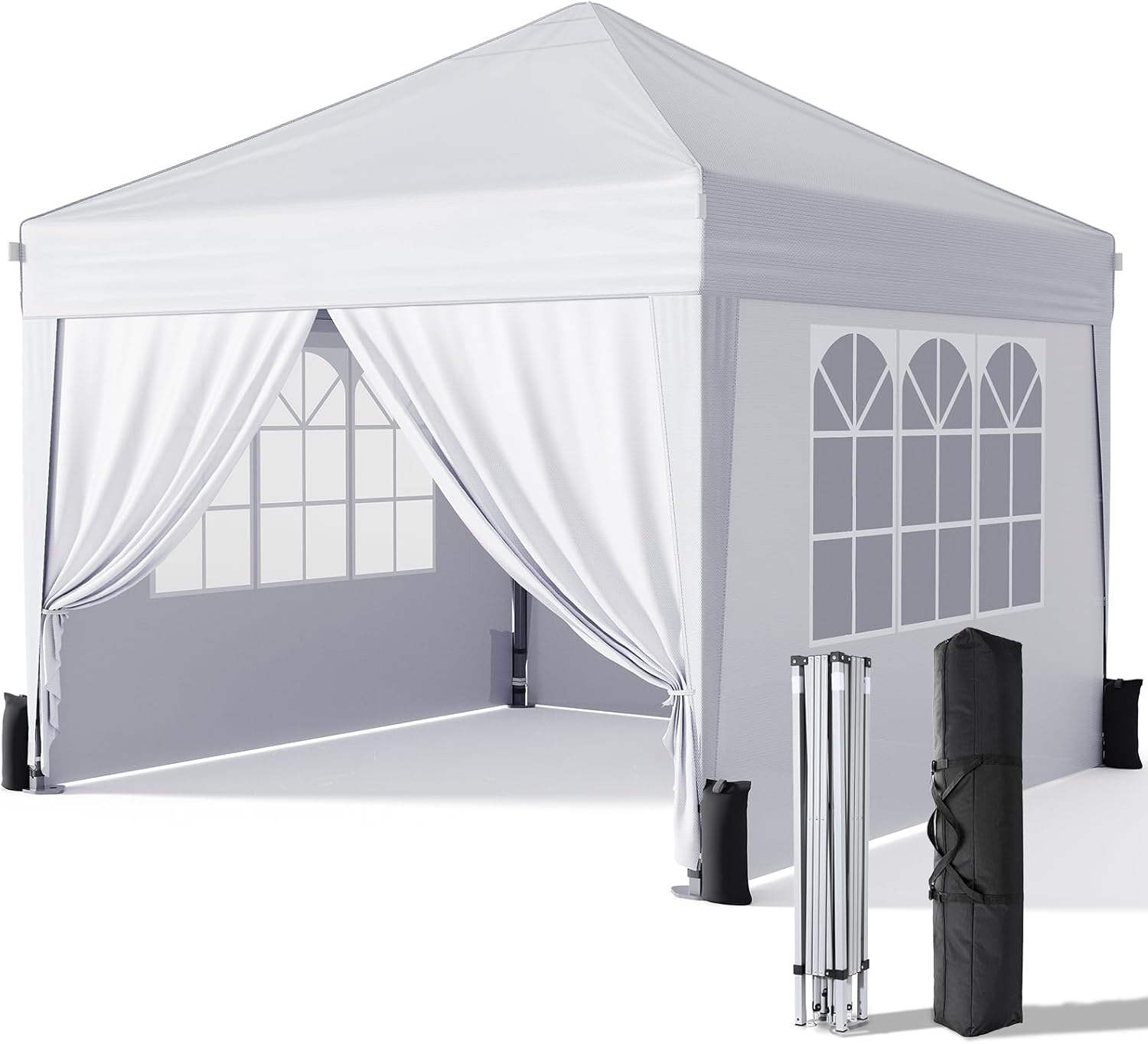 Driftalia 10x10 Pop Up Canopy Tent with Sidewalls. Instant Setup.White | One-Push Frame. 4 Removable Sidewalls. Carry Bag Included for Parties. Camping. Beach. Backyard & Outdoor Events